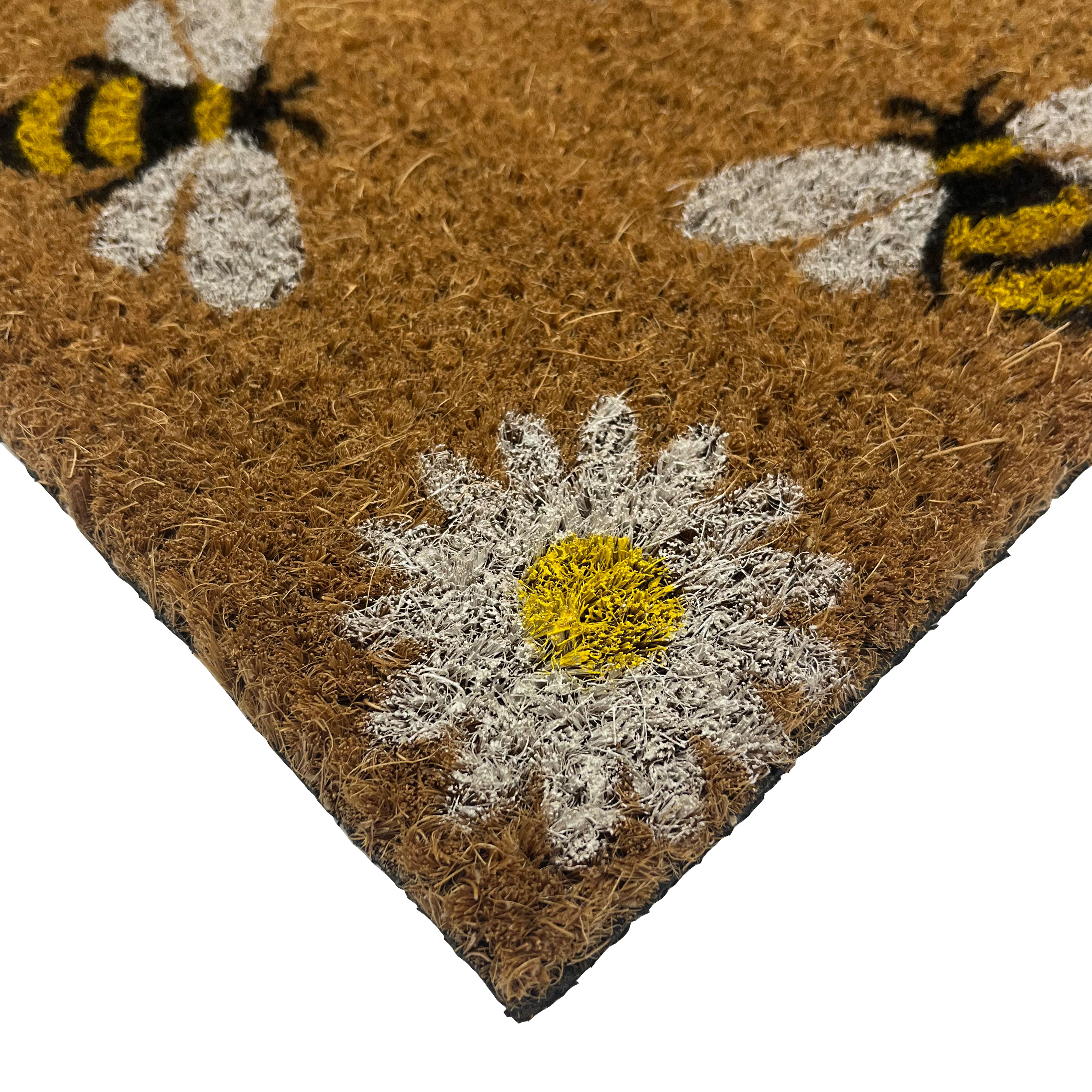 Natural & White Bee & Daisy Rectangular Door mat, 57cm x 40cm