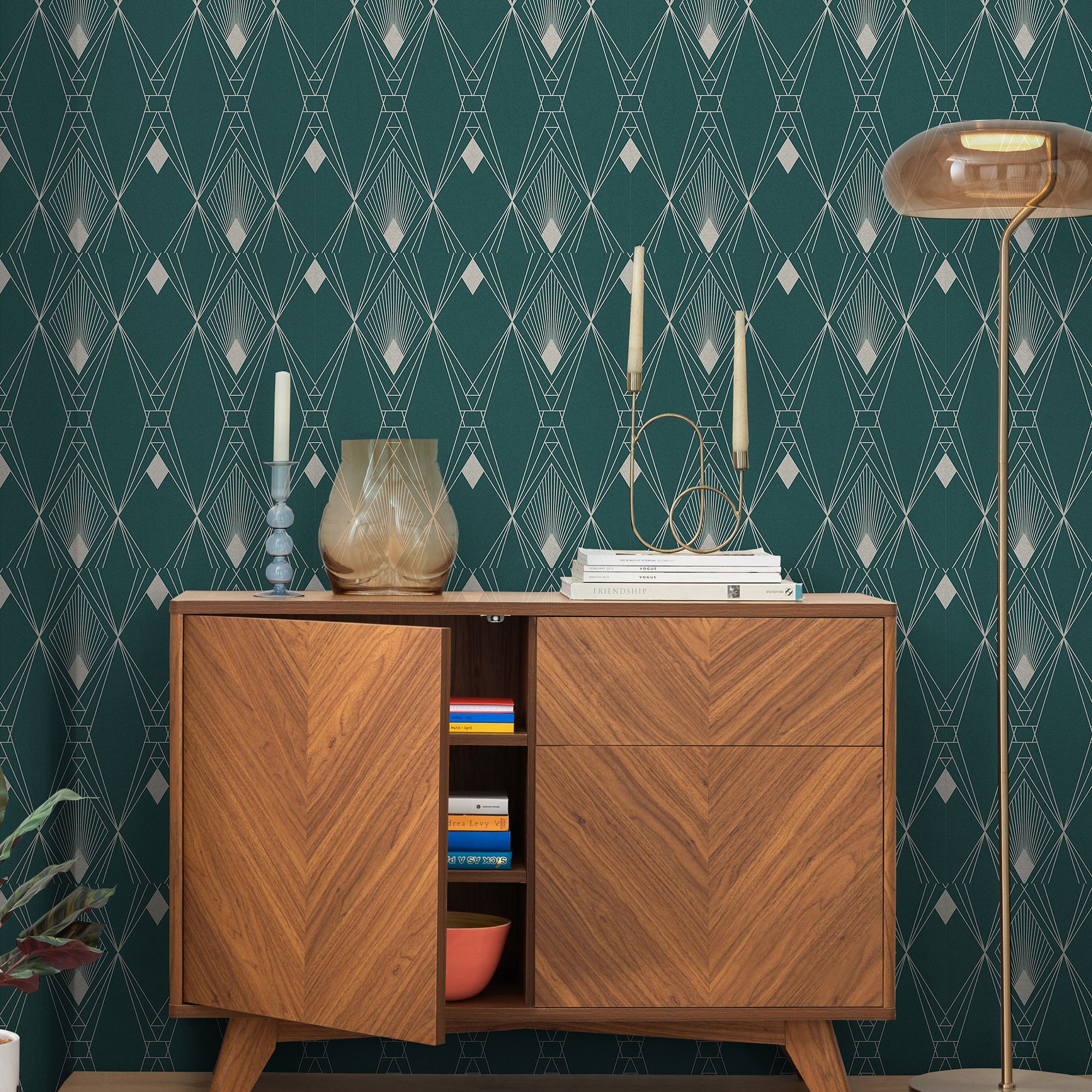 Next Deco geometric Teal Metallic effect Smooth Wallpaper