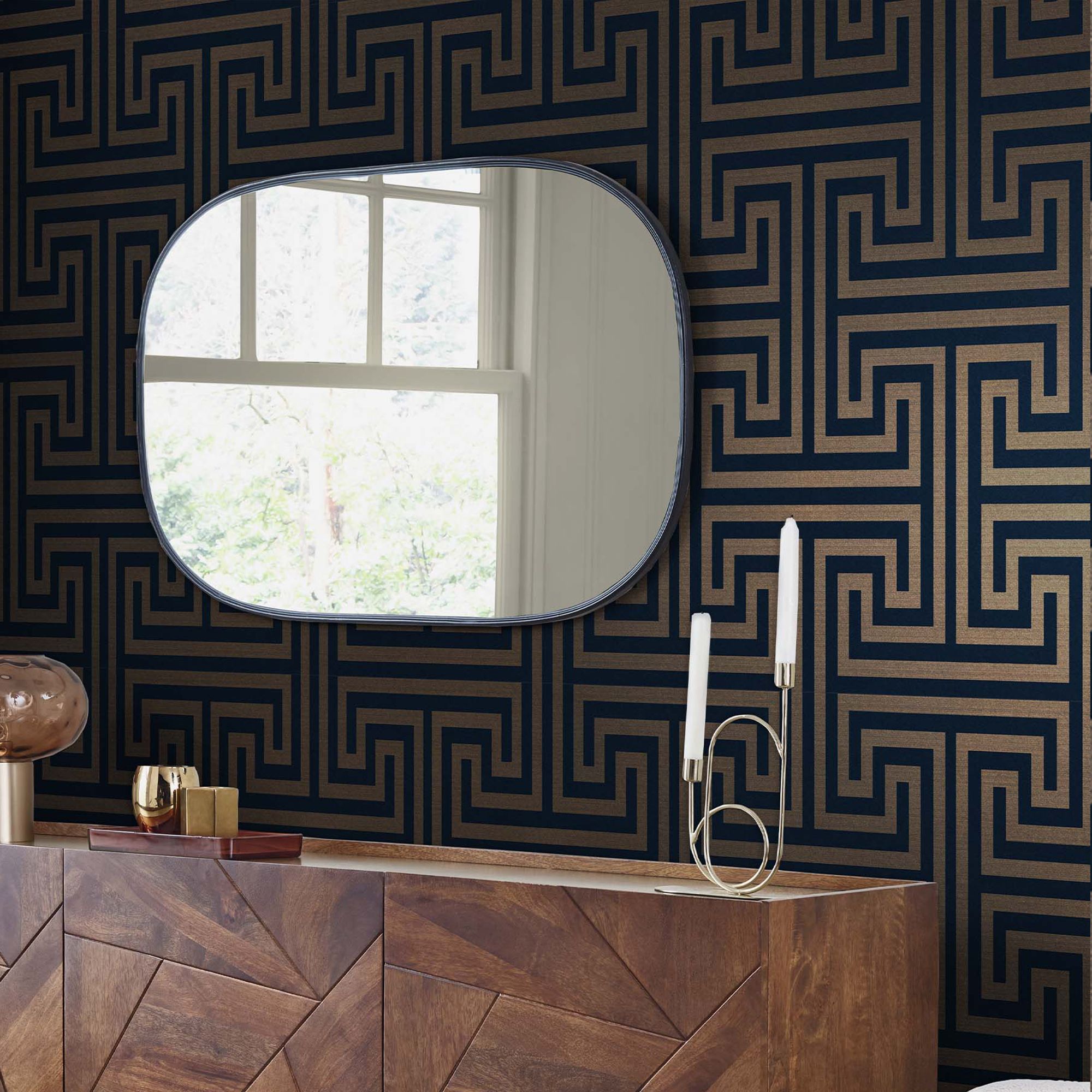 Next Greek key Navy Metallic effect Patterned Smooth Wallpaper