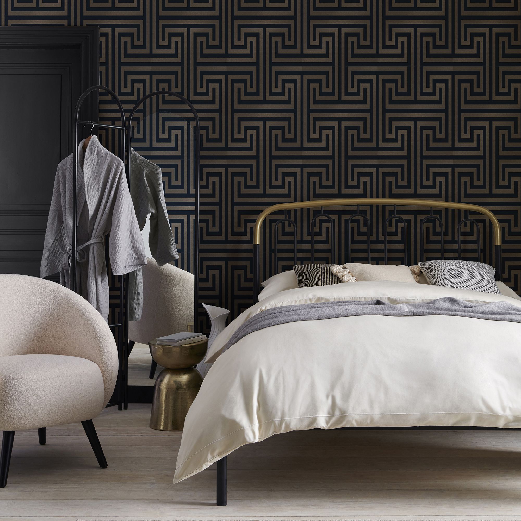 Next Greek key Navy Metallic effect Patterned Smooth Wallpaper