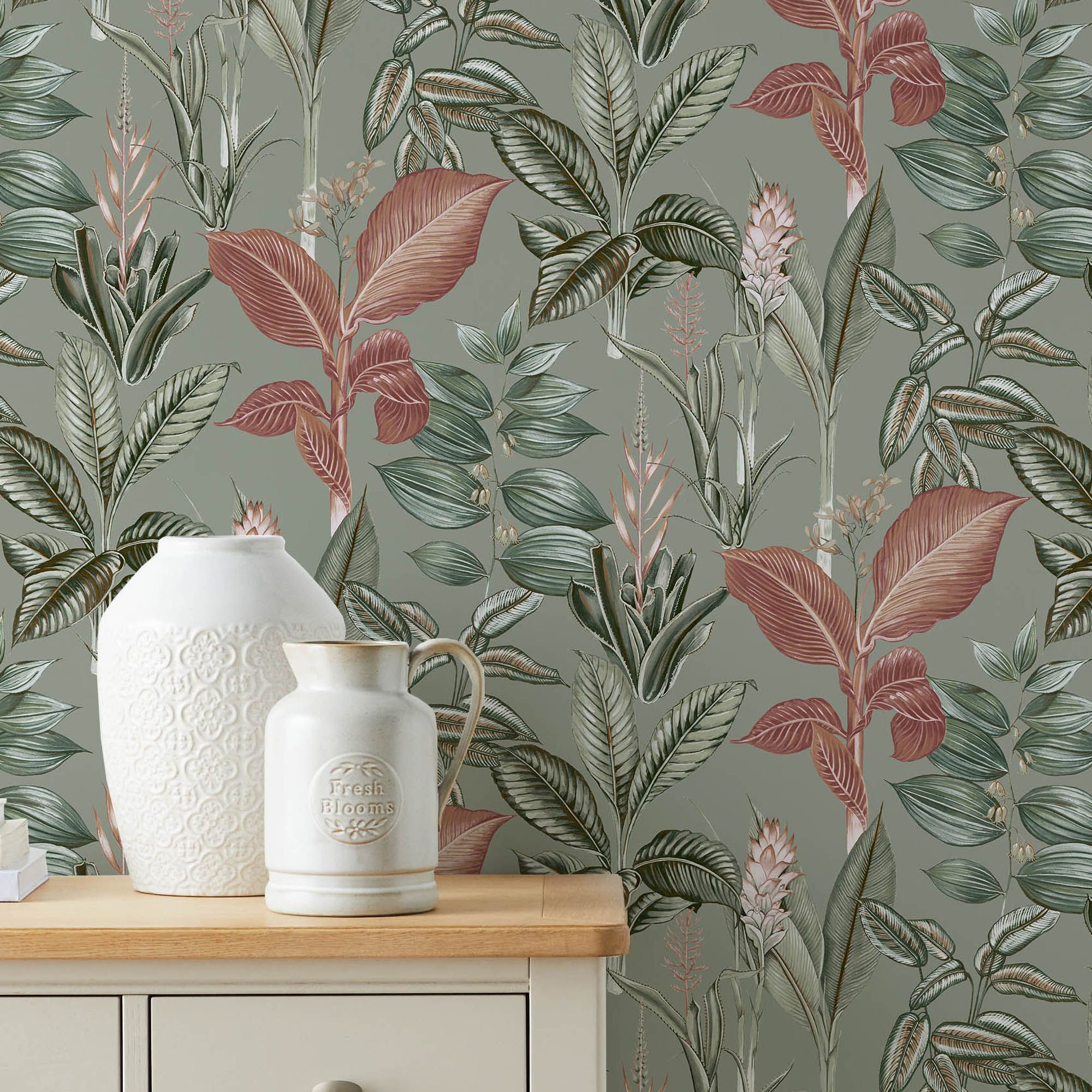 Next Rainforest Leaves Sage Smooth Wallpaper