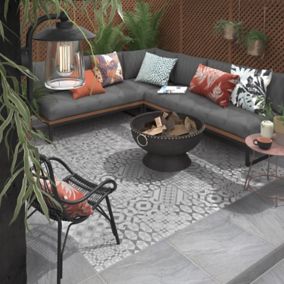 Nordic décor Grey Matt Stone effect Geometric Porcelain Outdoor Floor Tile, Pack of 2, (L)600mm (W)600mm