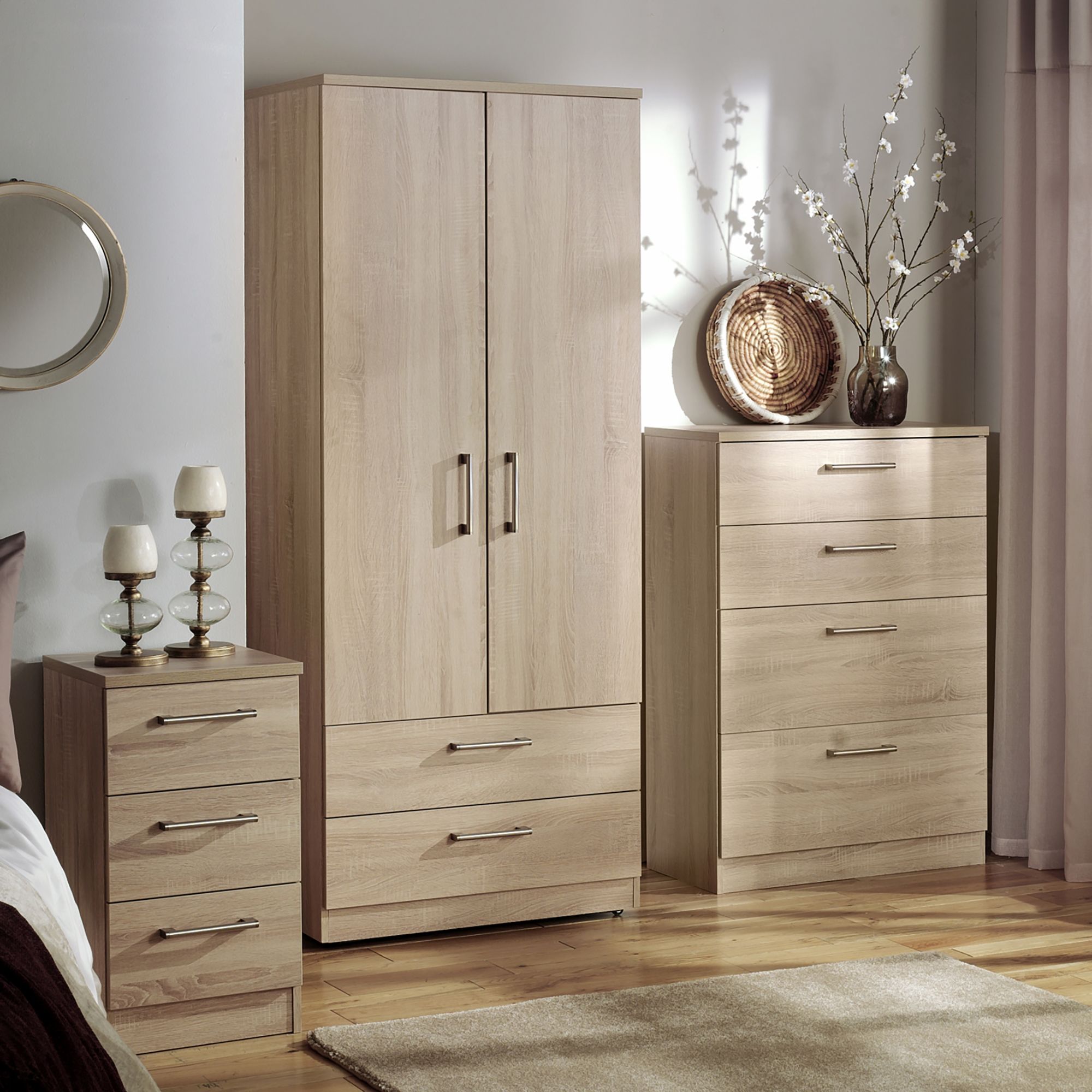 Oak effect 2 Drawer Bedside table (H)505mm (W)395mm (D)415mm