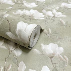 Opus Sage & White Petalina Floral Patterned Embossed Wallpaper