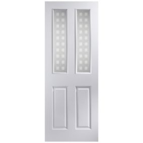 Painted 4 panel Frosted Glazed White Woodgrain effect Internal Door, (H)1981mm (W)686mm (T)35mm