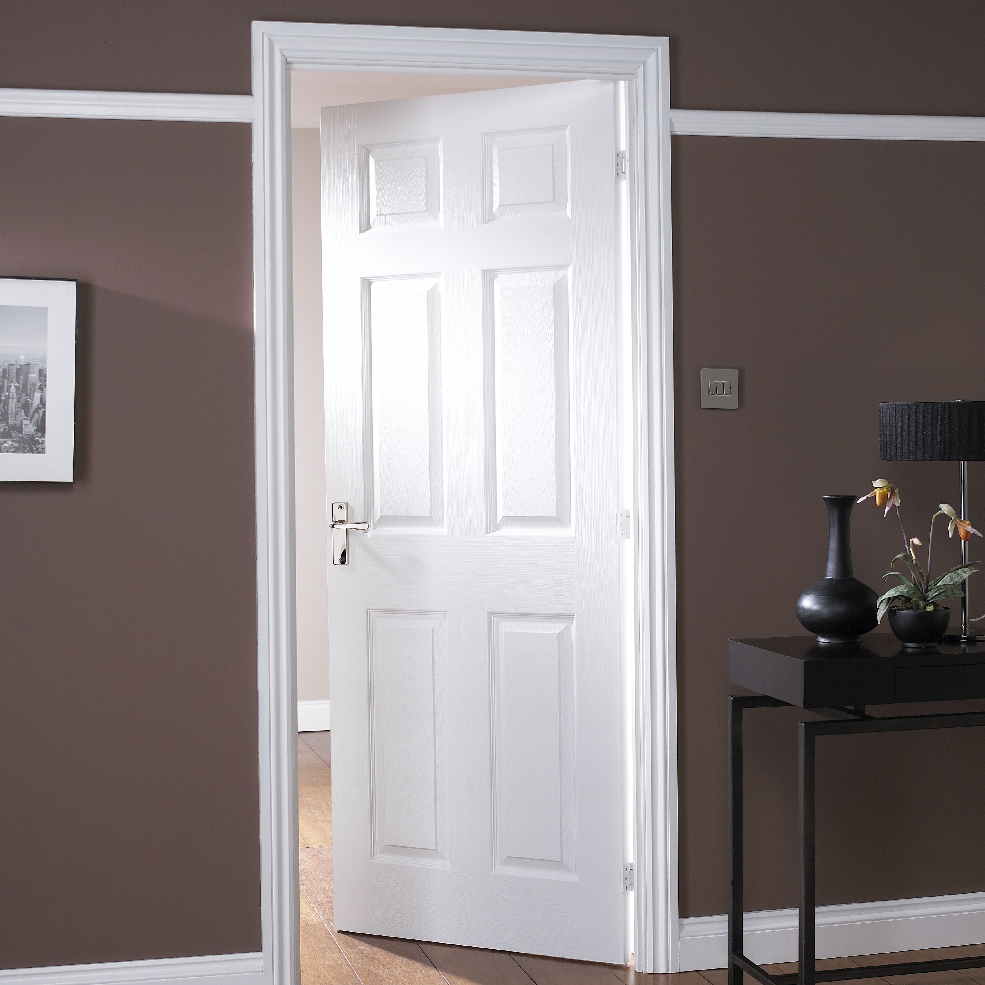 Painted 6 panel Unglazed White Woodgrain effect Internal Door, (H)1981mm (W)610mm (T)35mm
