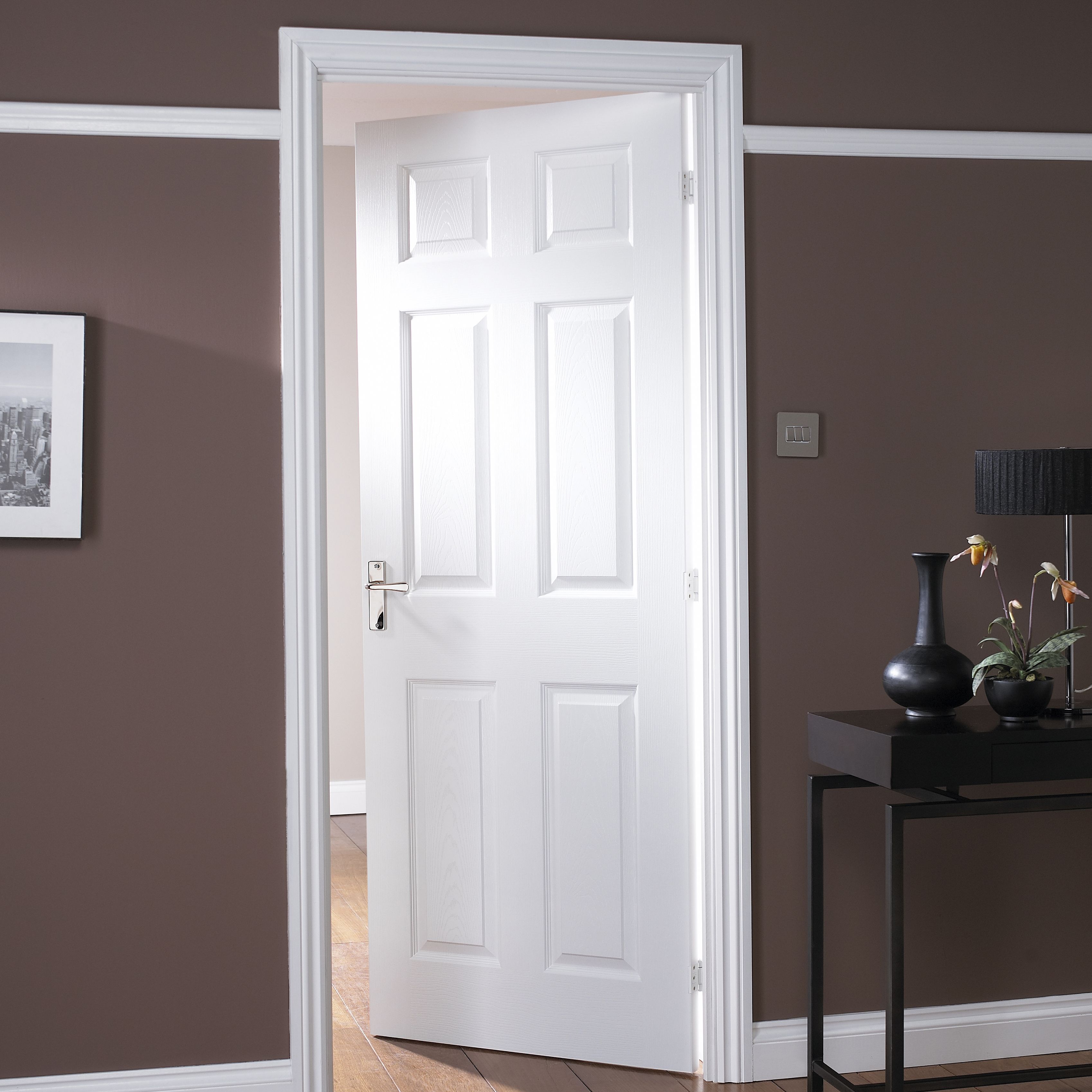 Painted 6 panel Unglazed White Woodgrain effect Internal Door, (H)1981mm (W)686mm (T)35mm