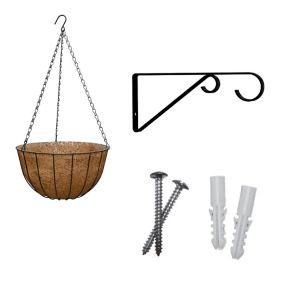 Panacea Basic Black Round Coco liner & metal frame Hanging basket, 35cm