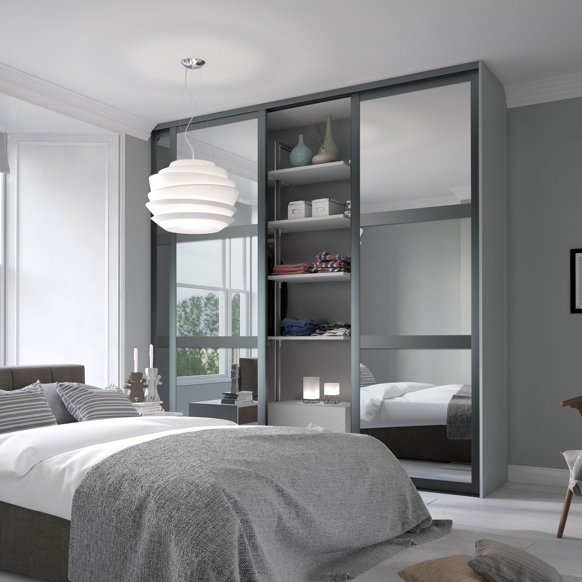 Panel Shaker Mirrored Graphite 3 door Sliding Wardrobe Door kit (H)2260mm (W)2136mm