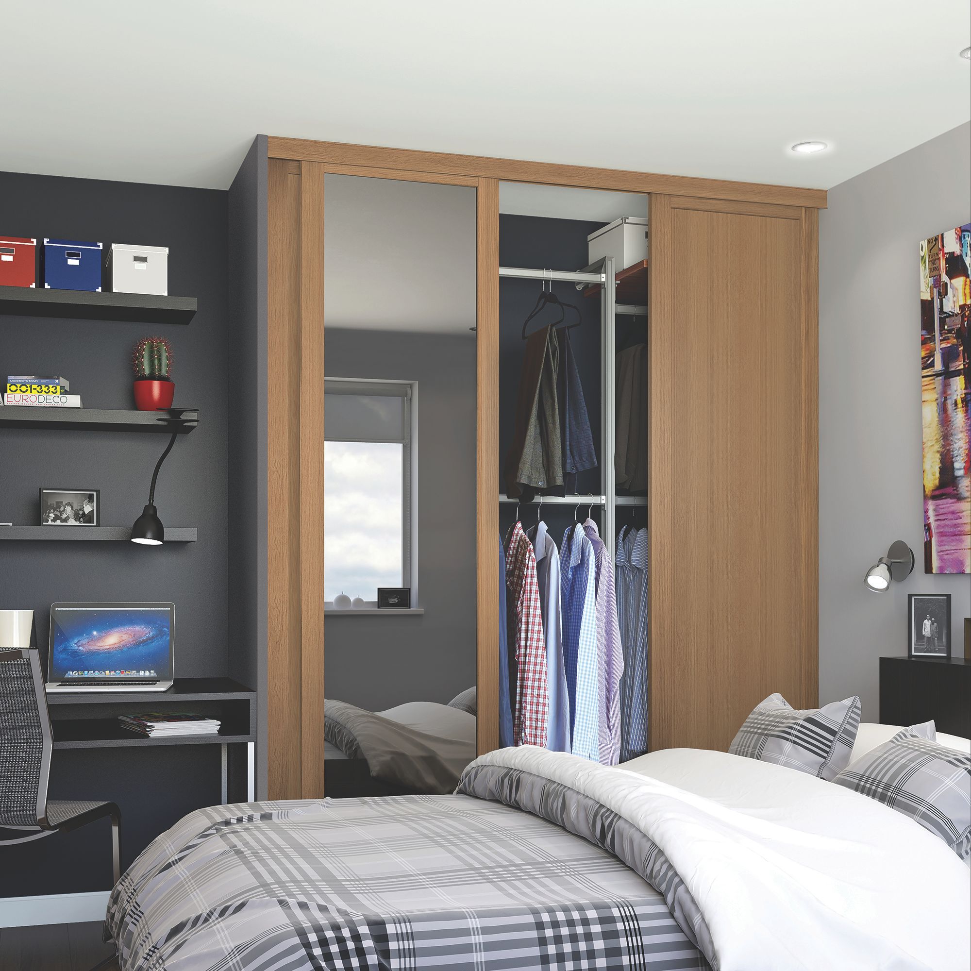 Panel Shaker Mirrored Oak effect 3 door Sliding Wardrobe Door kit (H)2260mm (W)1680mm