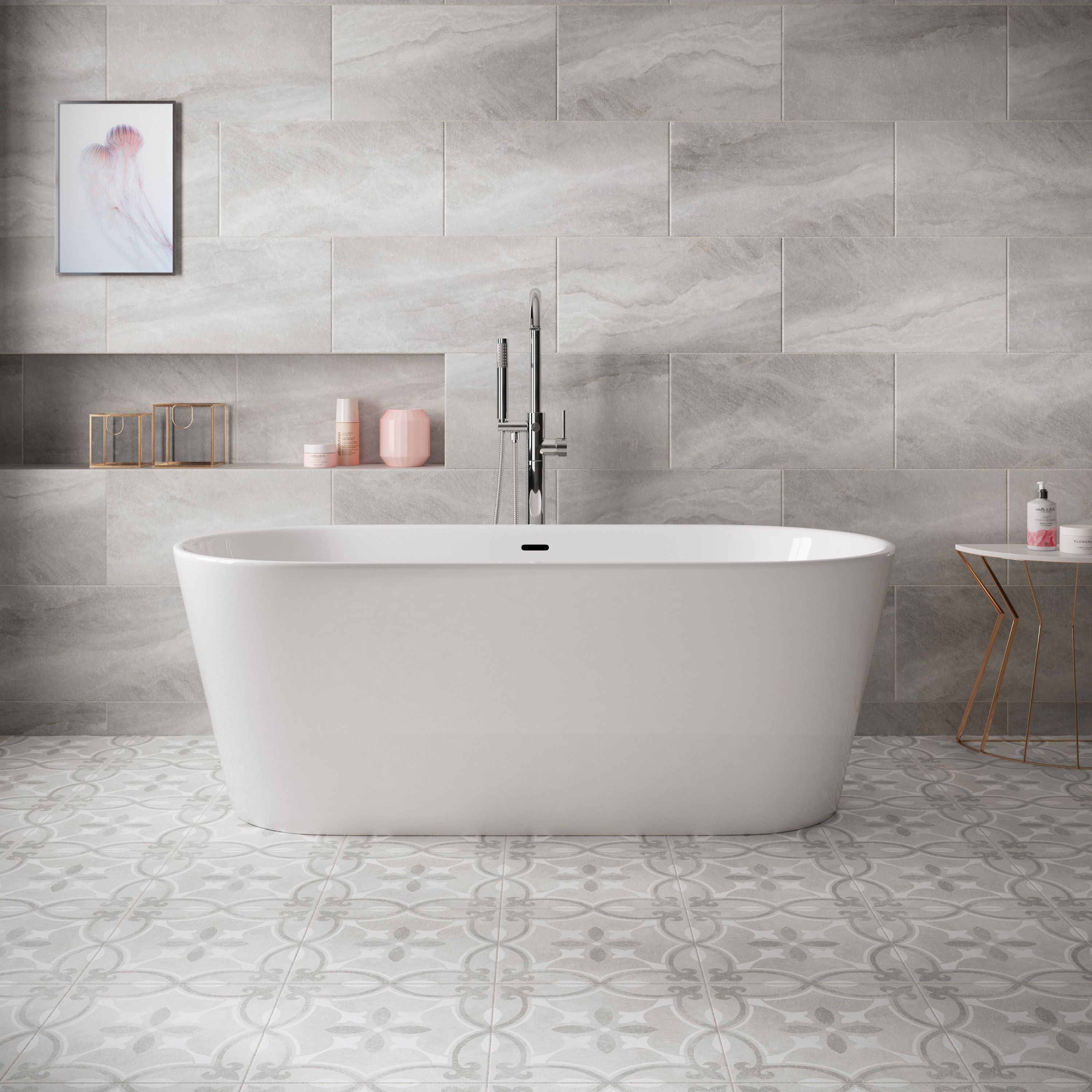 Perla Grey Matt Patterned Concrete effect Ceramic Indoor Wall & floor Tile Sample