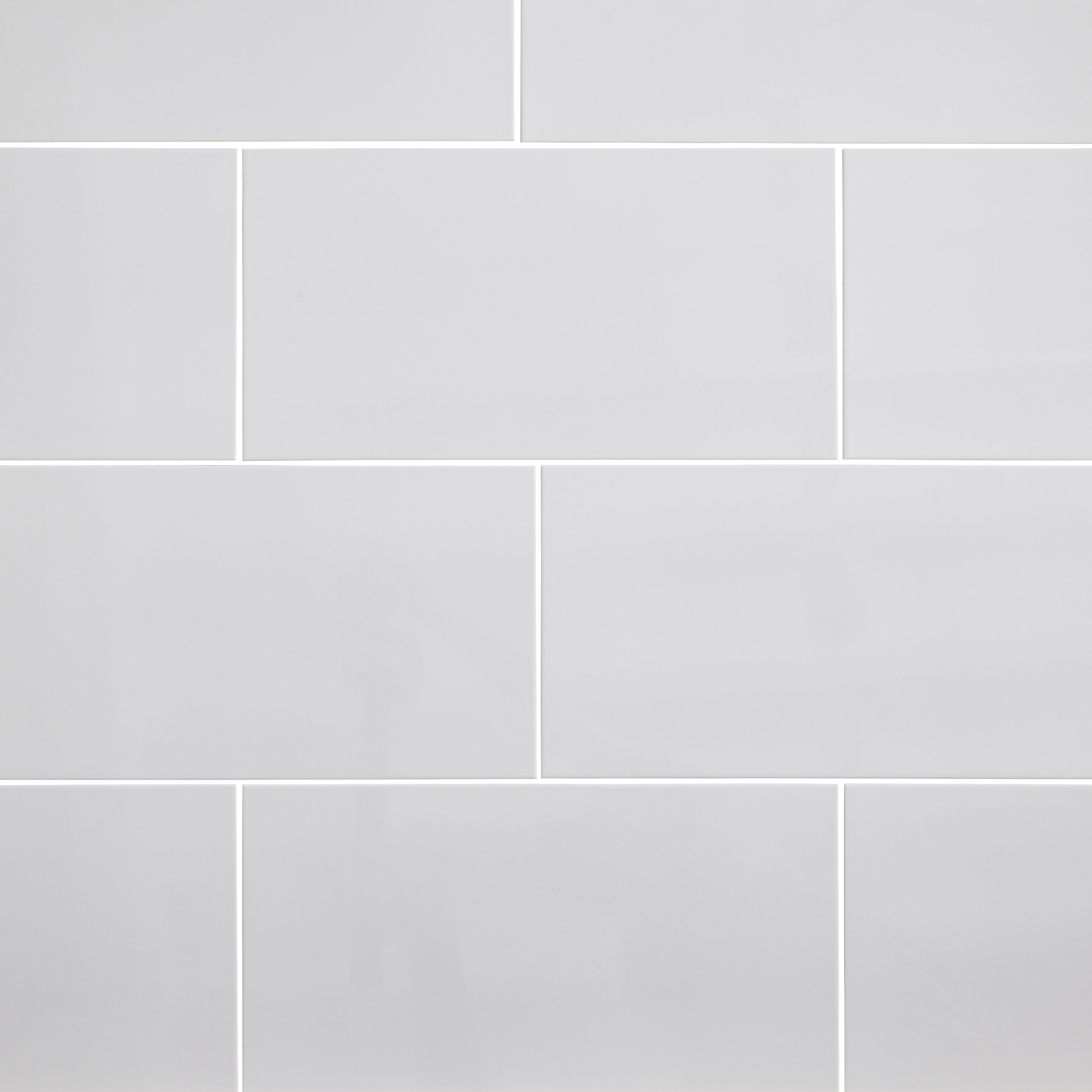Perouso White Gloss Flat Glossy Tile Ceramic Wall Tile, Pack of 6, (L)600mm (W)300mm