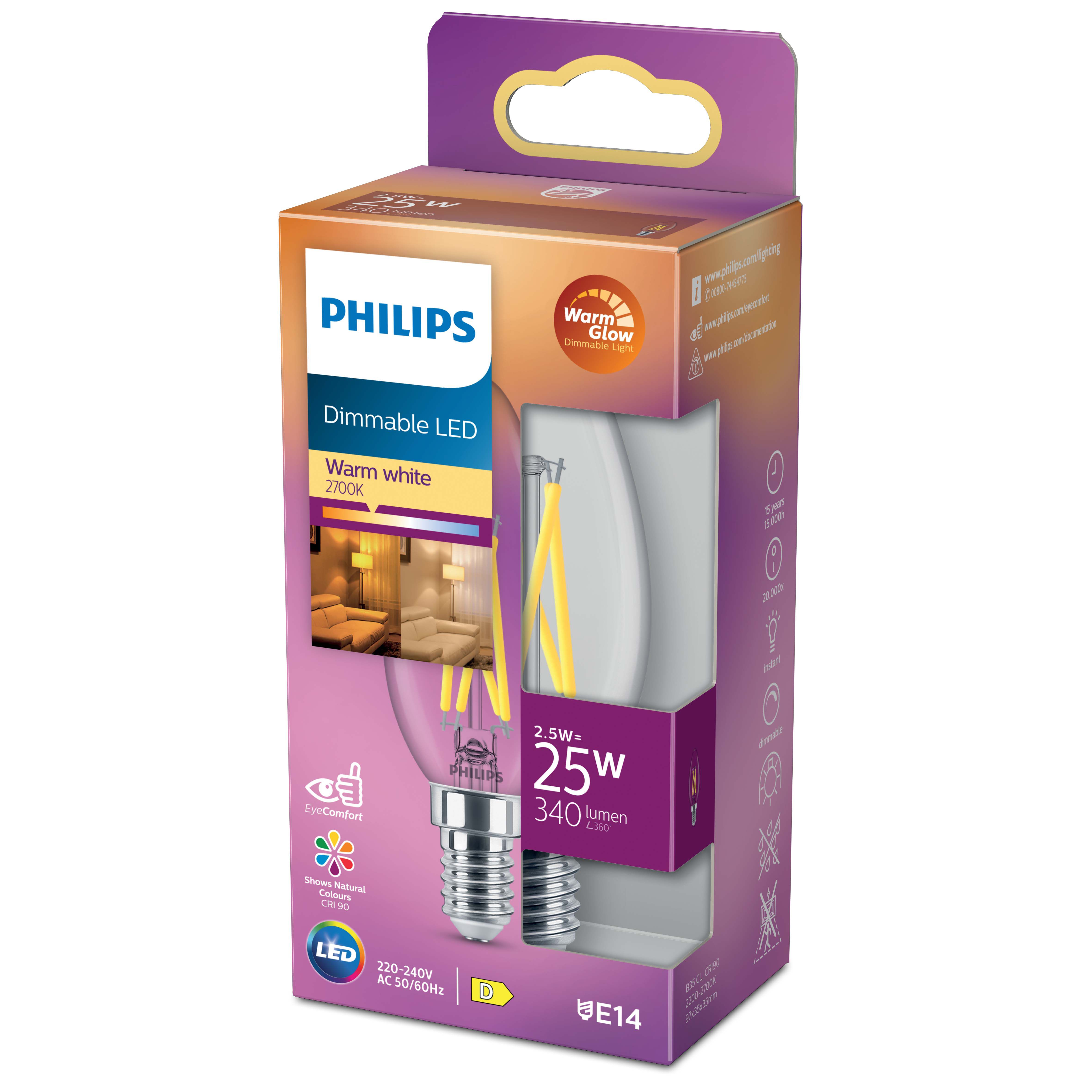 Philips Classic 2.7W 250lm Clear Candle Warm white LED Dimmable Light bulb