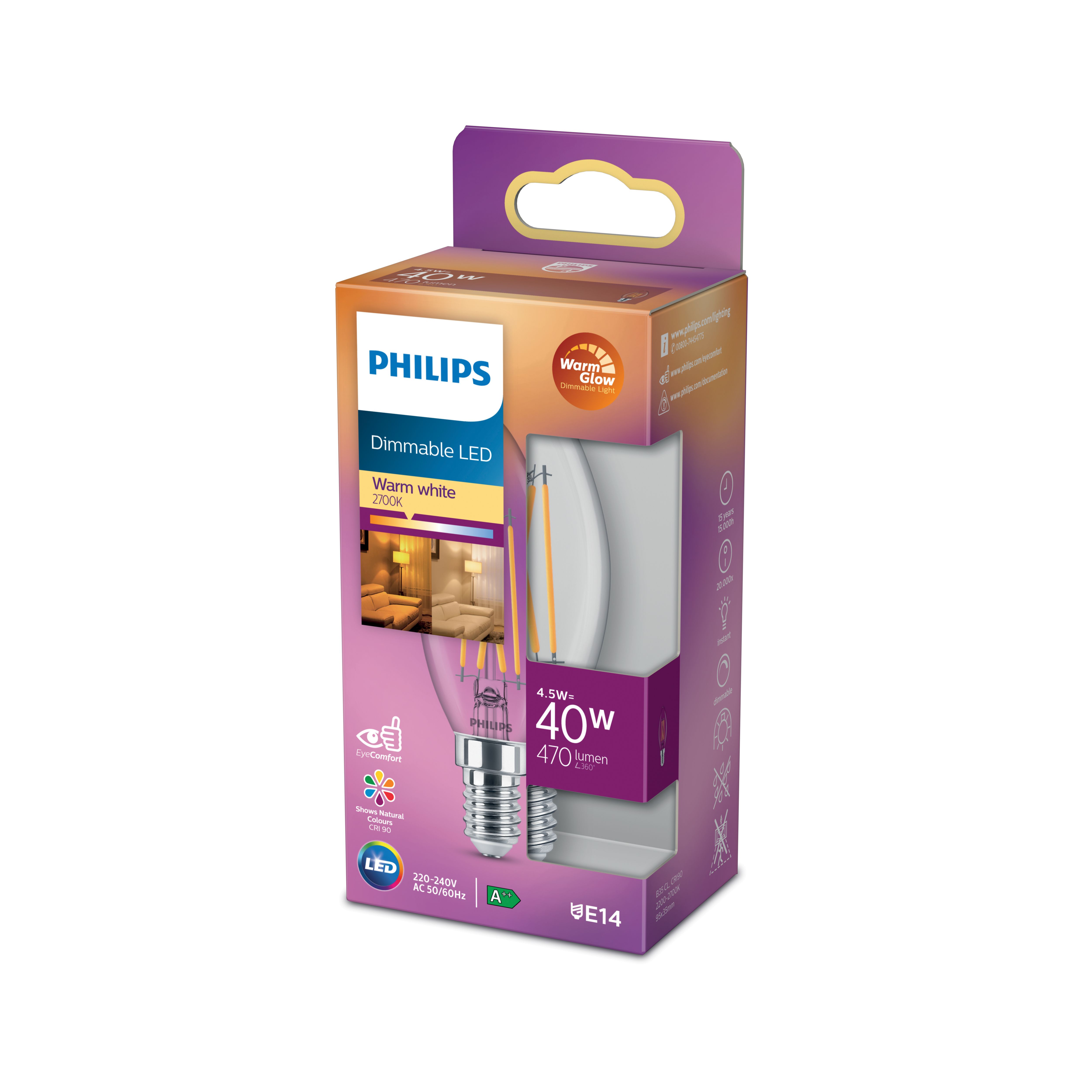 Philips Classic 6W 470lm Candle Warm white LED Dimmable Filament Light bulb