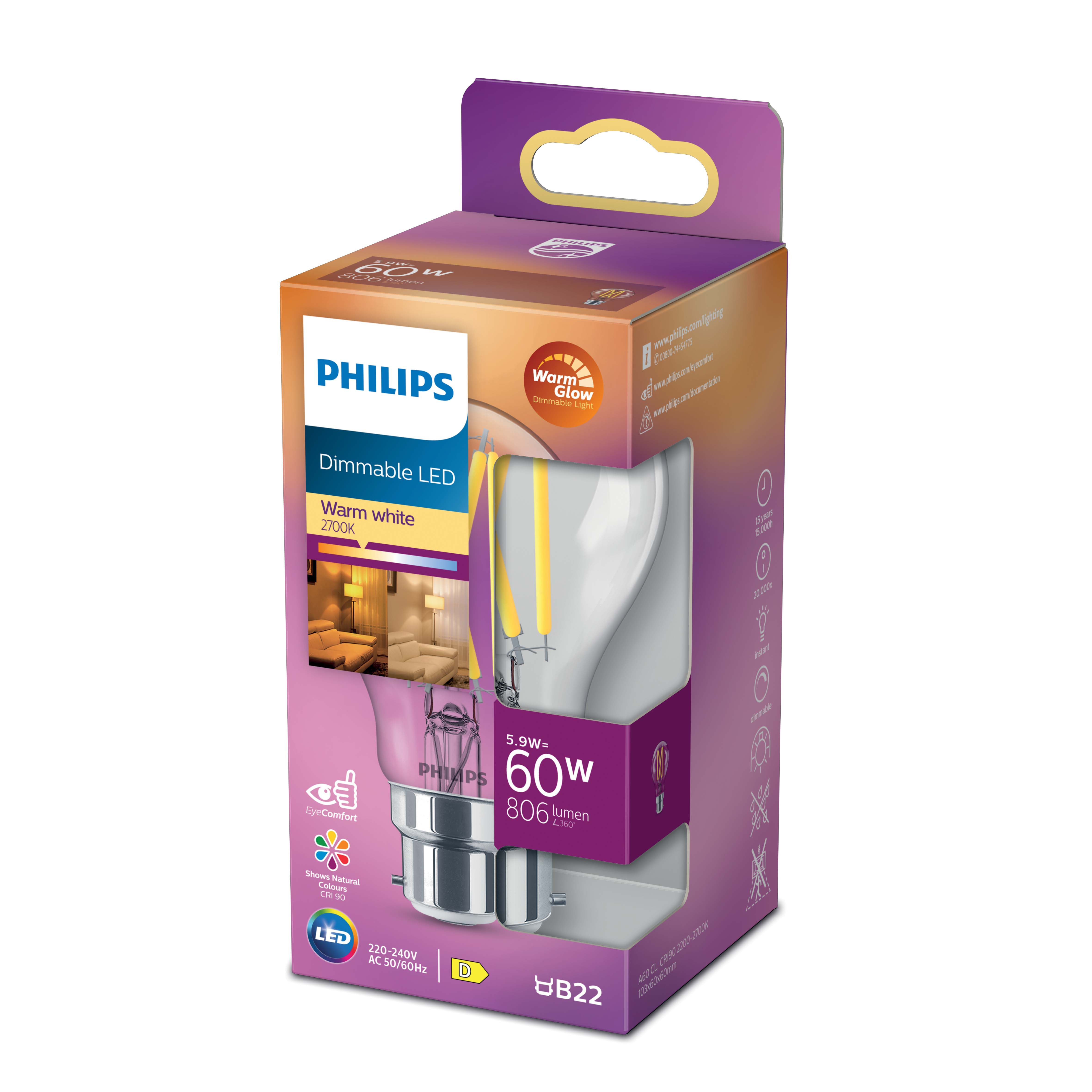 Philips Classic 8W 806lm Clear A60 Warm white LED Dimmable Filament Light bulb