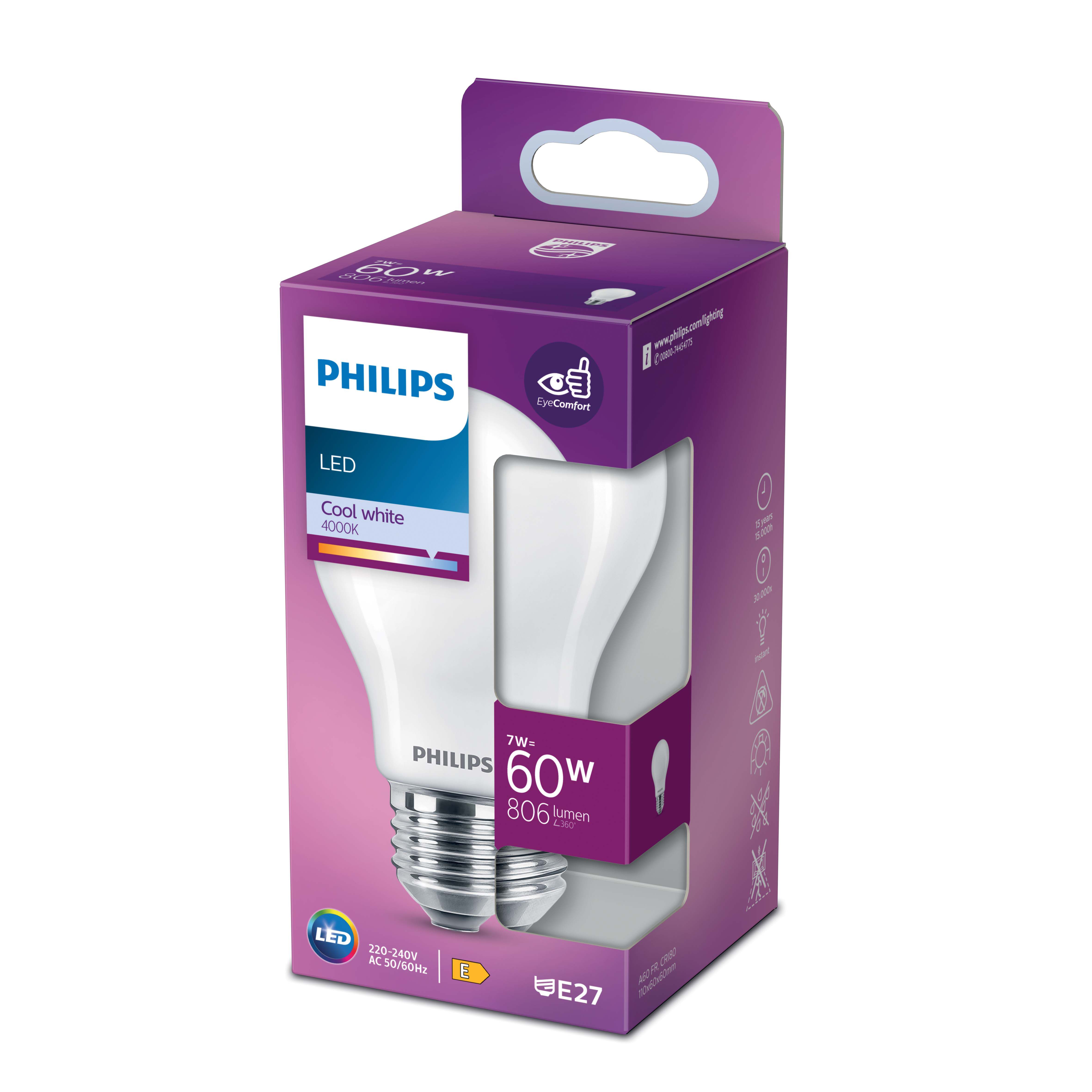 Philips Classic E27 7W 470lm Frosted A60 Cool white LED Light bulb