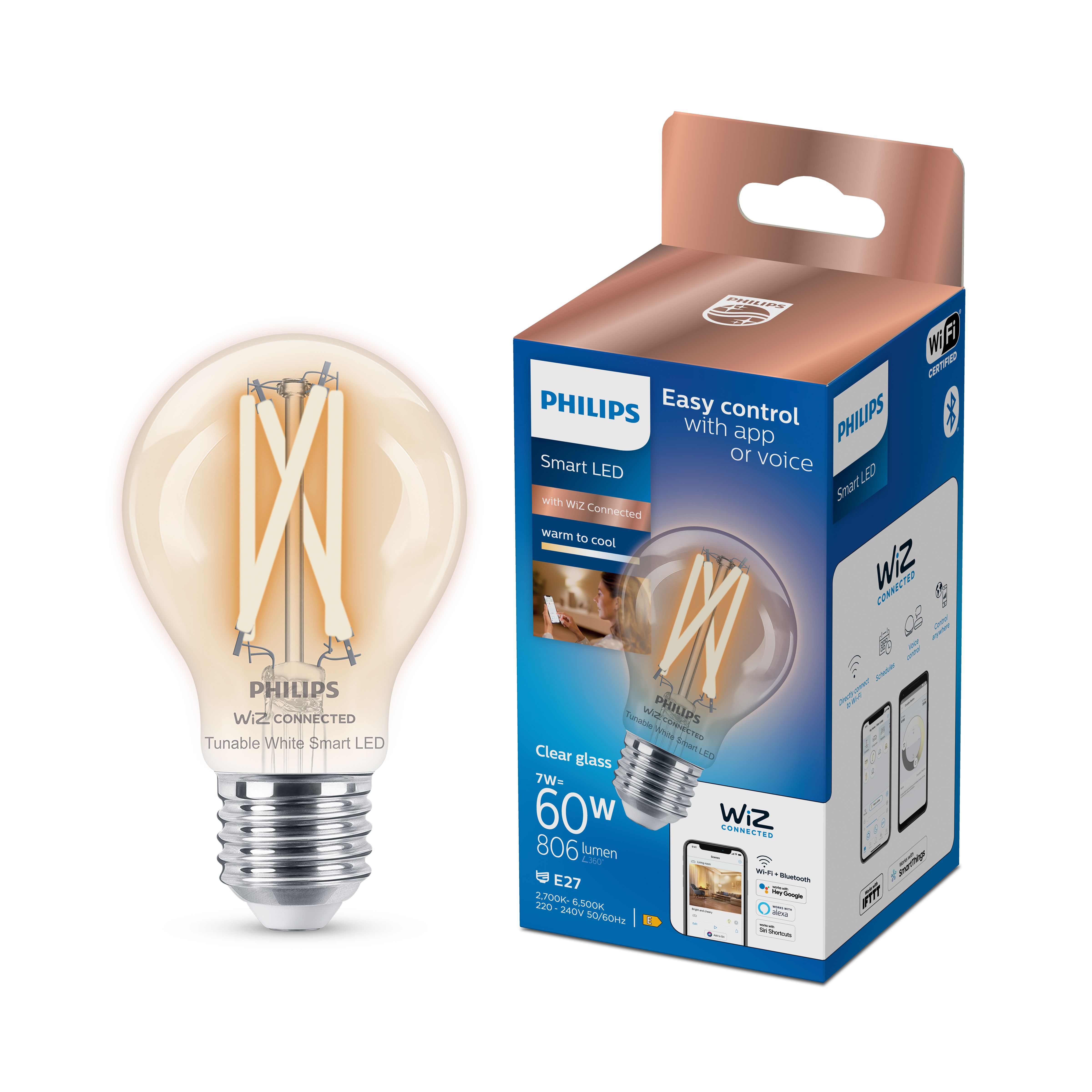 Philips WiZ E27 60W LED Cool white & warm white A60 Dimmable Filament Smart Light bulb