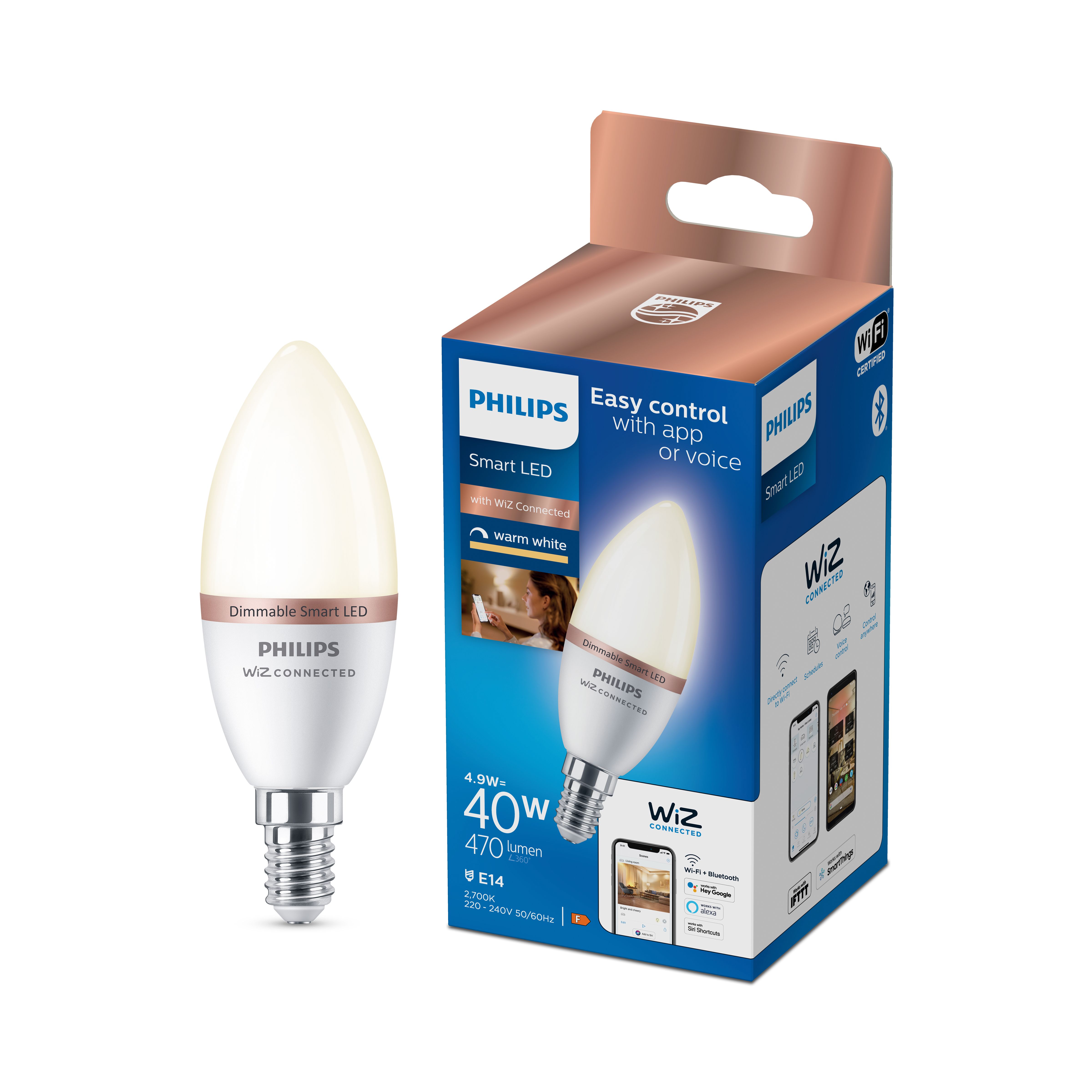 Philips WiZ SES 40W LED Warm white Candle Smart Light bulb