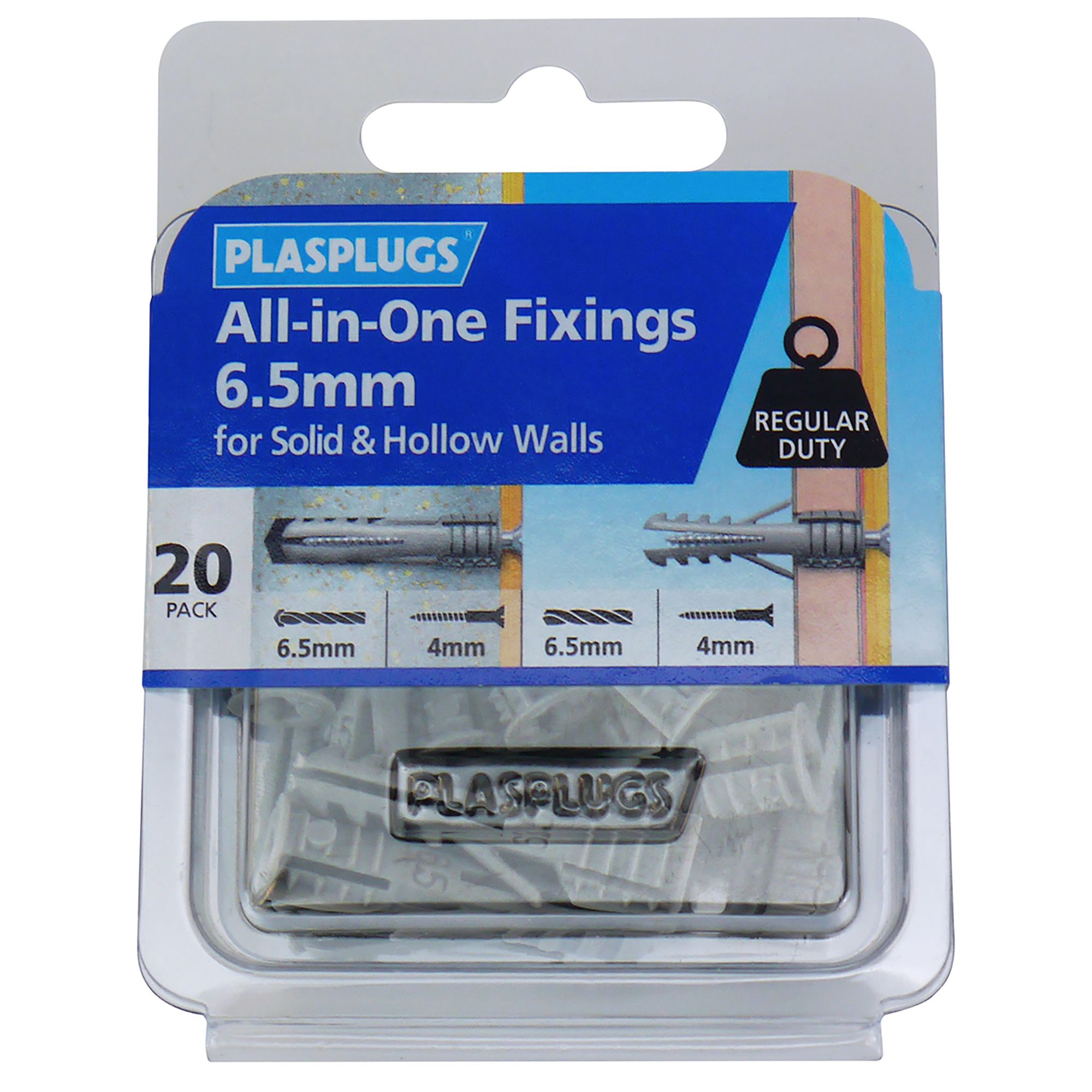 Plasplugs All-in-One Grey Plastic Wall plug (Dia)6.5mm (L)52mm, Pack of 20
