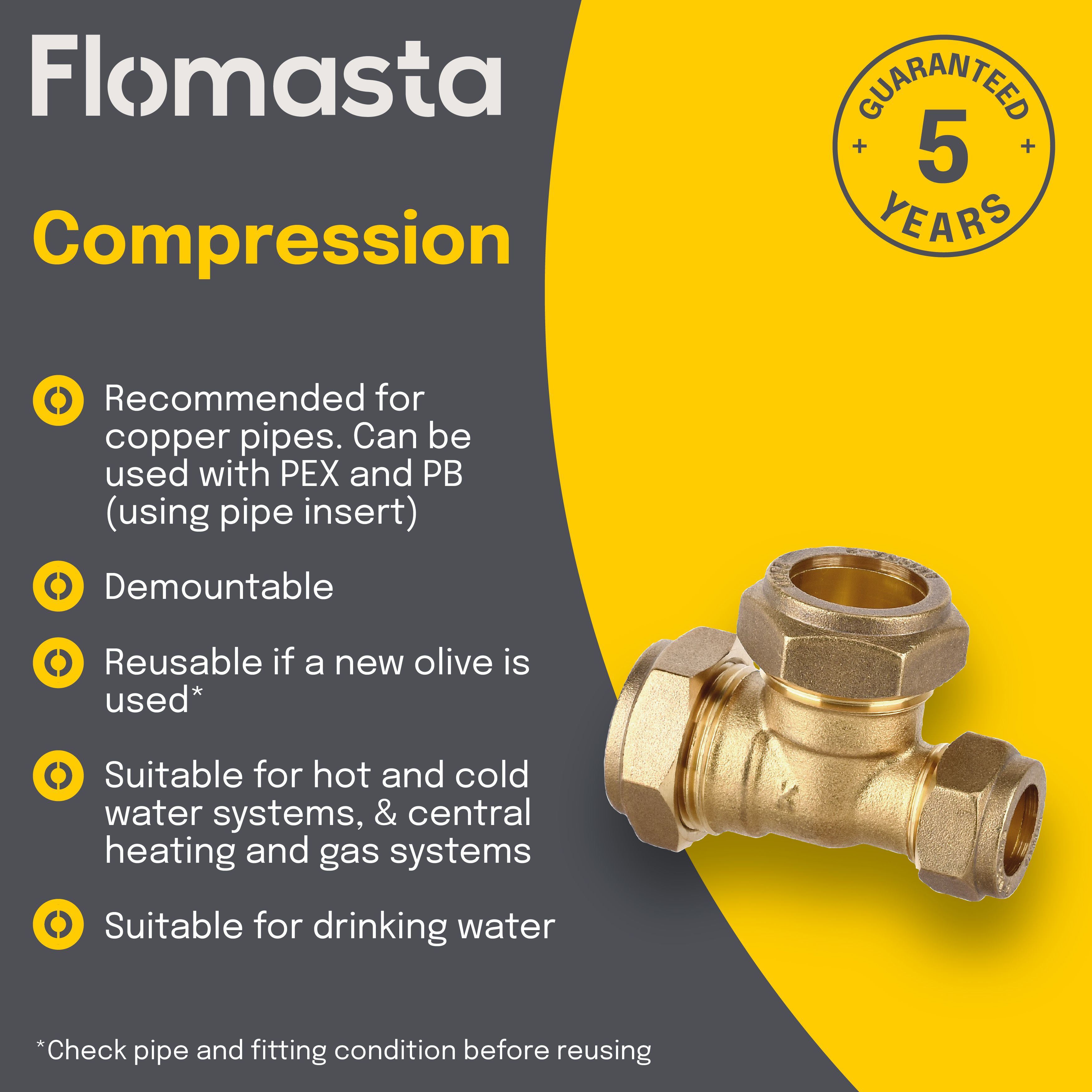 Plumbsure Brass Compression Reducing Tee (Dia) 22mm x 15mm x 22mm