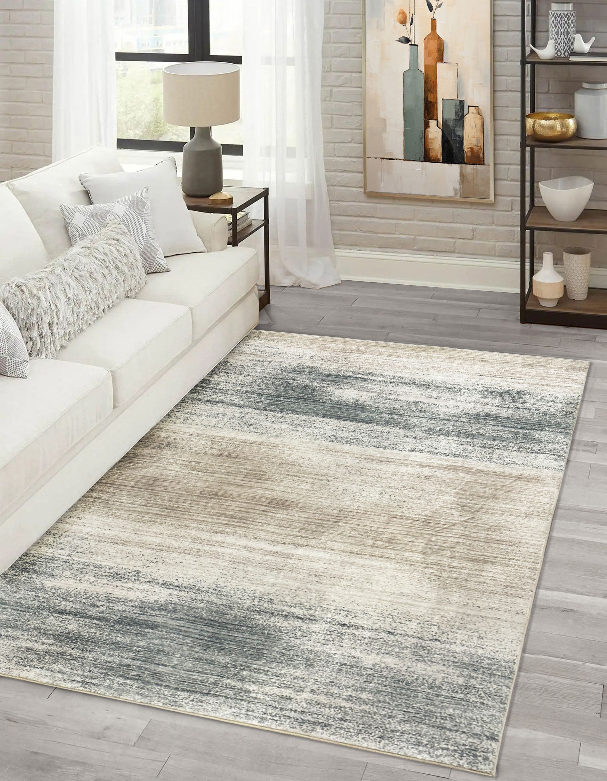 Plush Teal & Beige Tonal Fur effect Medium Rug, (L)170cm x (W)120cm