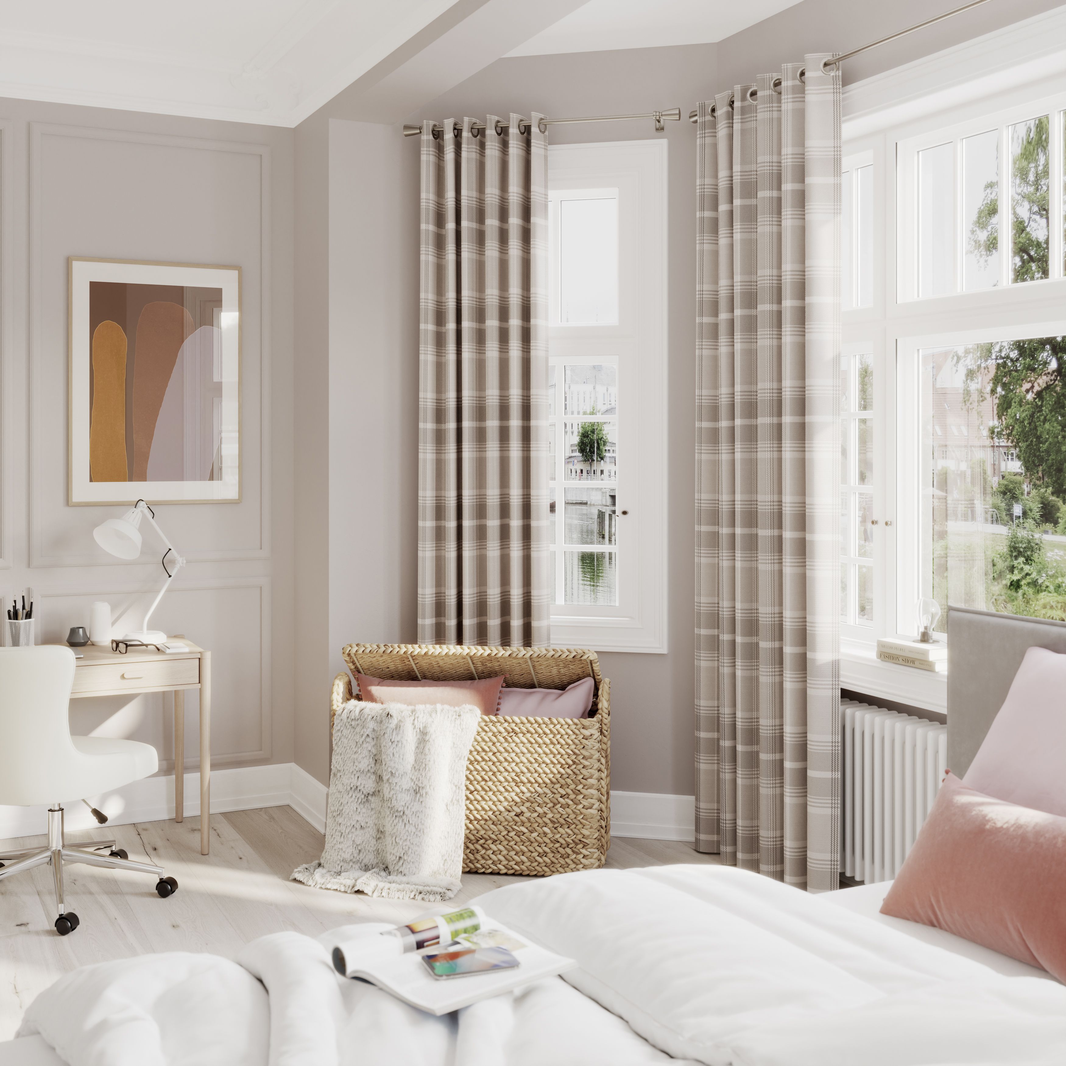Podor Beige Check Lined Eyelet Curtain (W)167cm (L)183cm, Pair