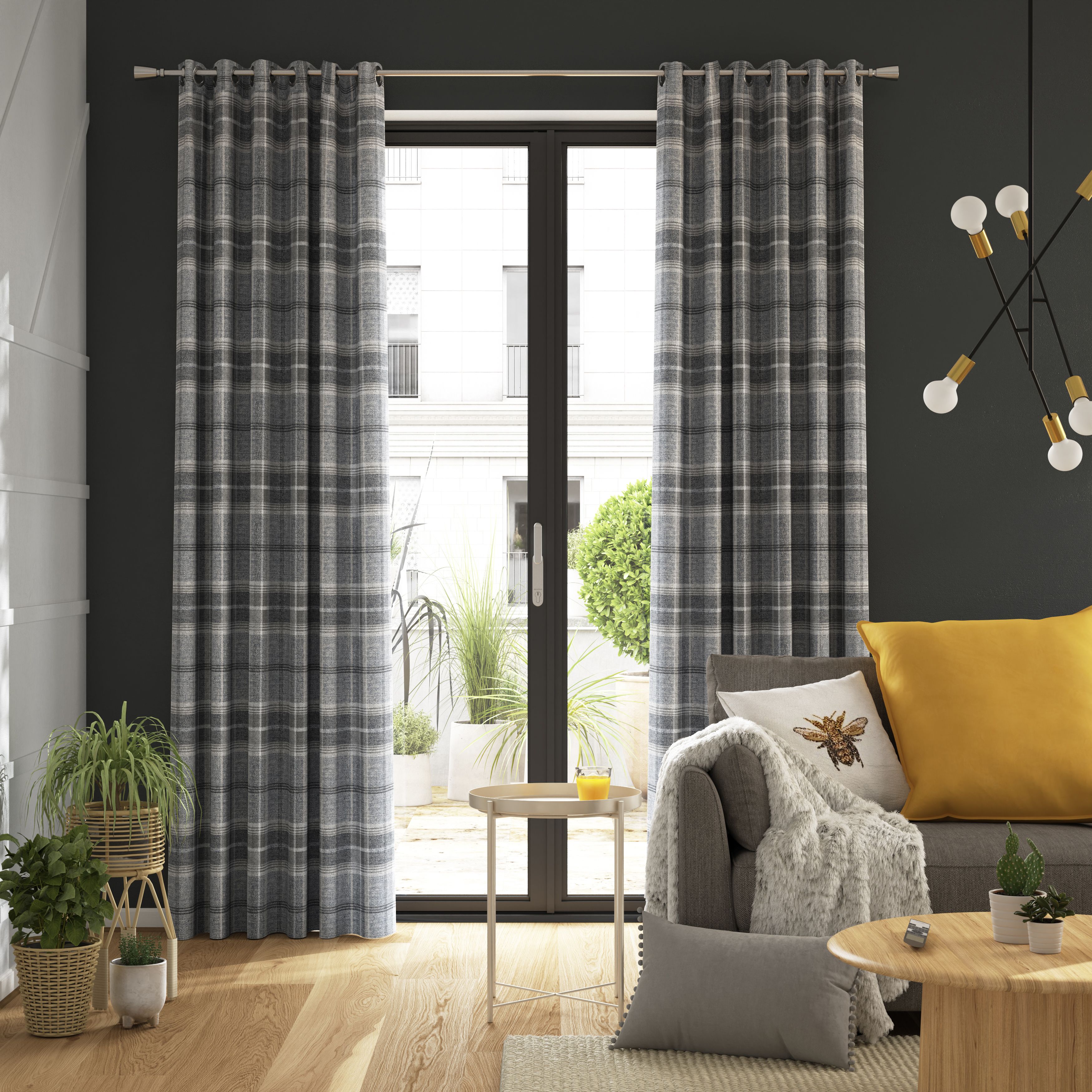 Podor Grey Check Lined Eyelet Curtain (W)167cm (L)183cm, Pair