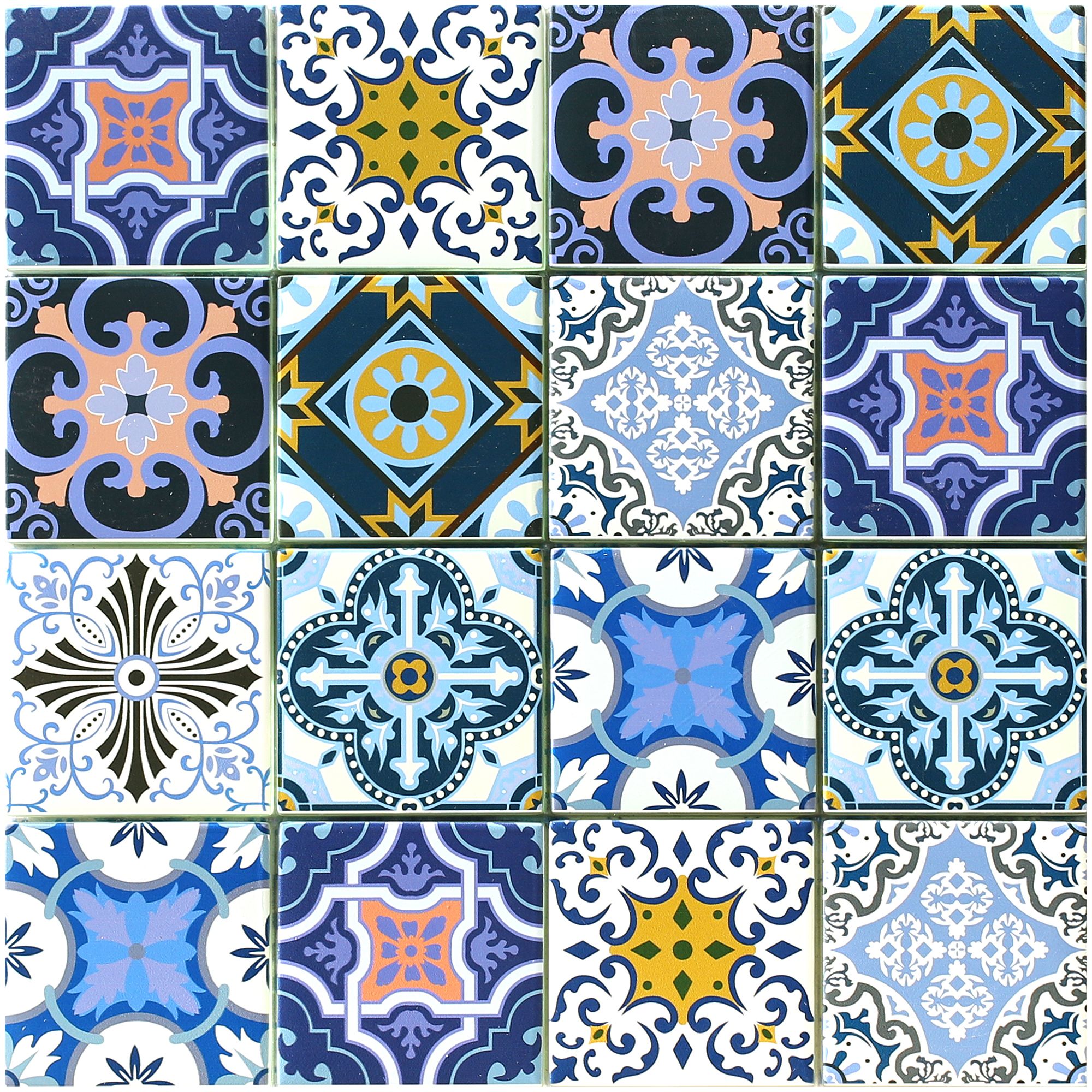 Porto Blush & indigo Glass 2x2 Mosaic tile, (L)300mm (W)300mm