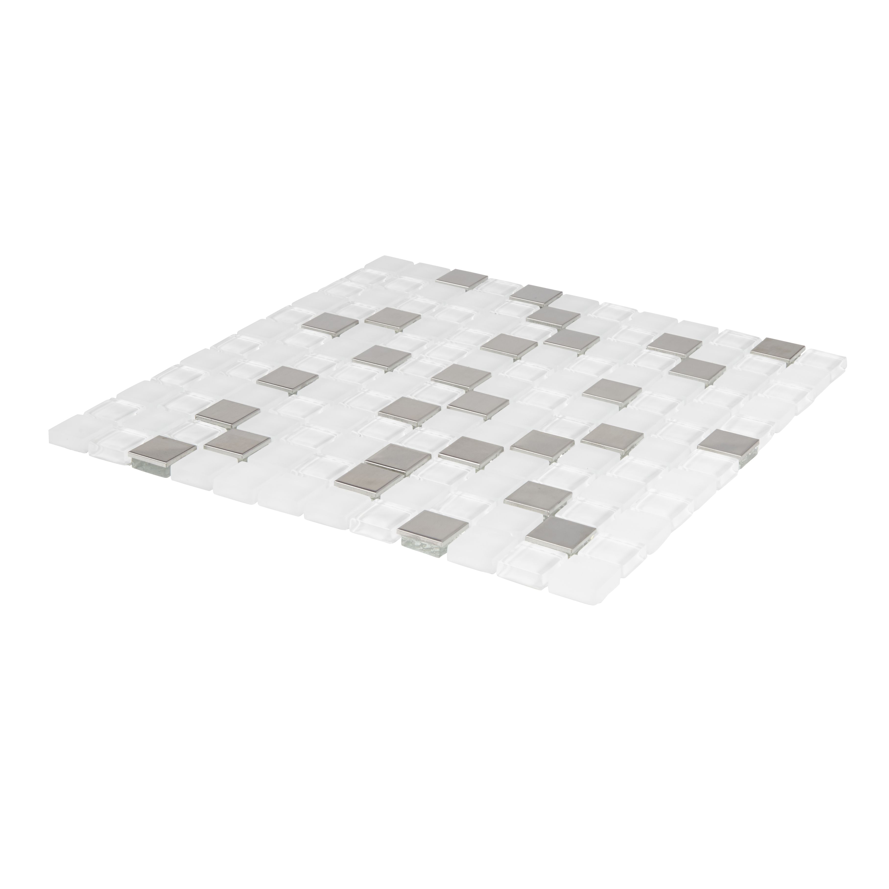 Prate Grey & white Frosted Glass & stainless steel Mosaic tile, (L)300mm (W)300mm