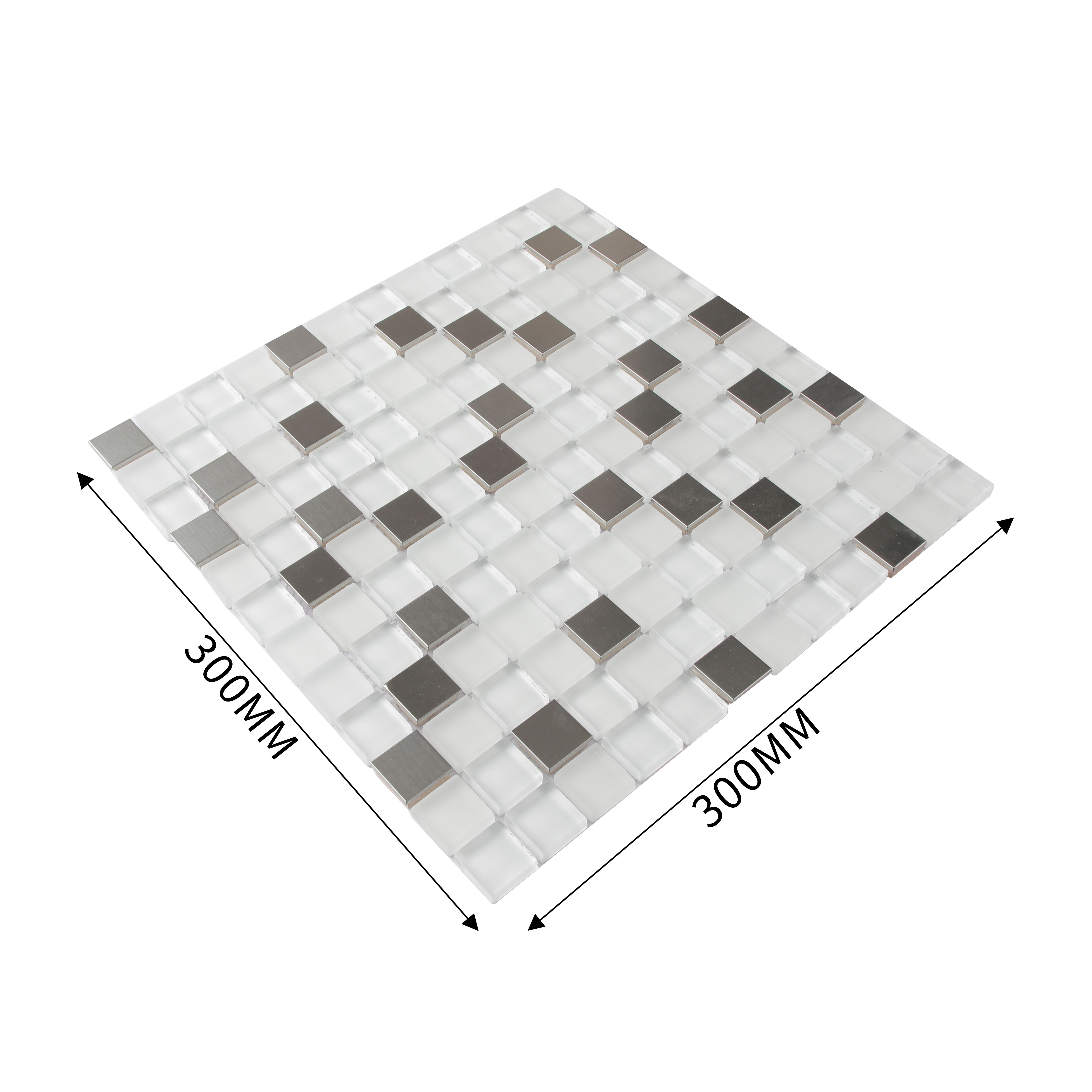 Prate Grey & white Frosted Glass & stainless steel Mosaic tile, (L)300mm (W)300mm