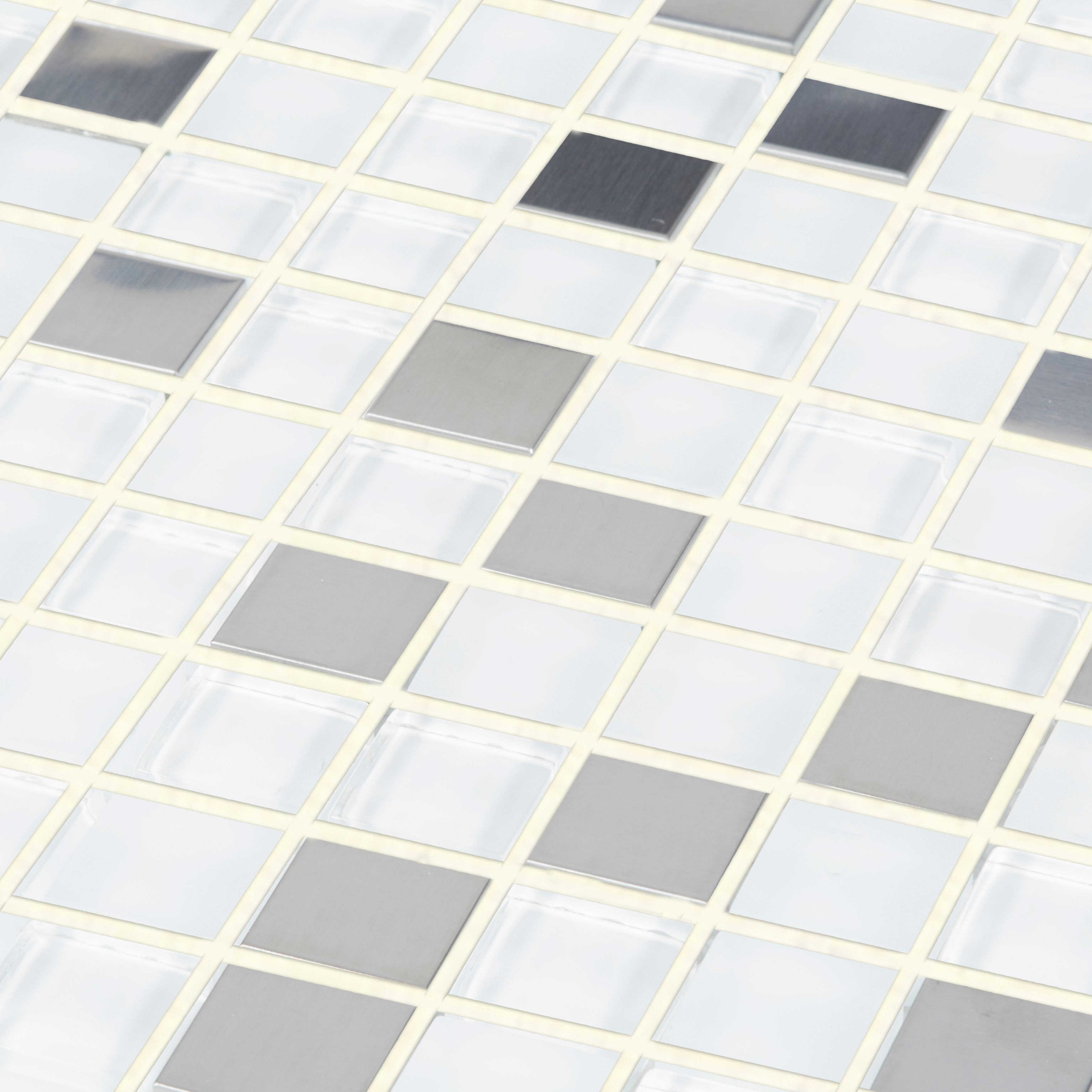 Prate Grey & white Frosted Glass & stainless steel Mosaic tile, (L)300mm (W)300mm