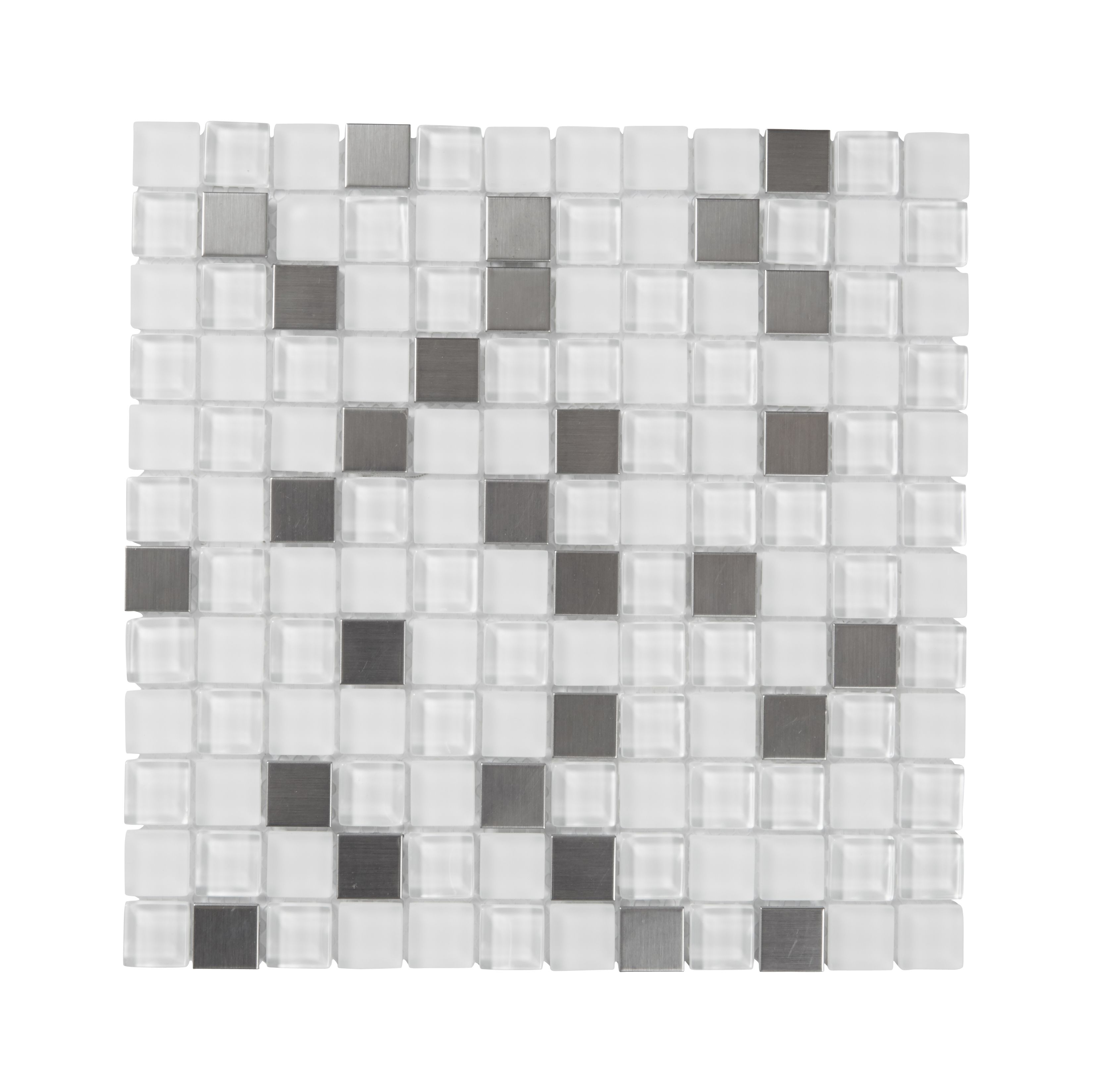Prate Grey & white Frosted Glass & stainless steel Mosaic tile, (L)300mm (W)300mm