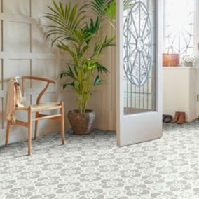 Pre-cut Grey & Green Flower Mosaic Tile effect Sheet vinyl, 5m²