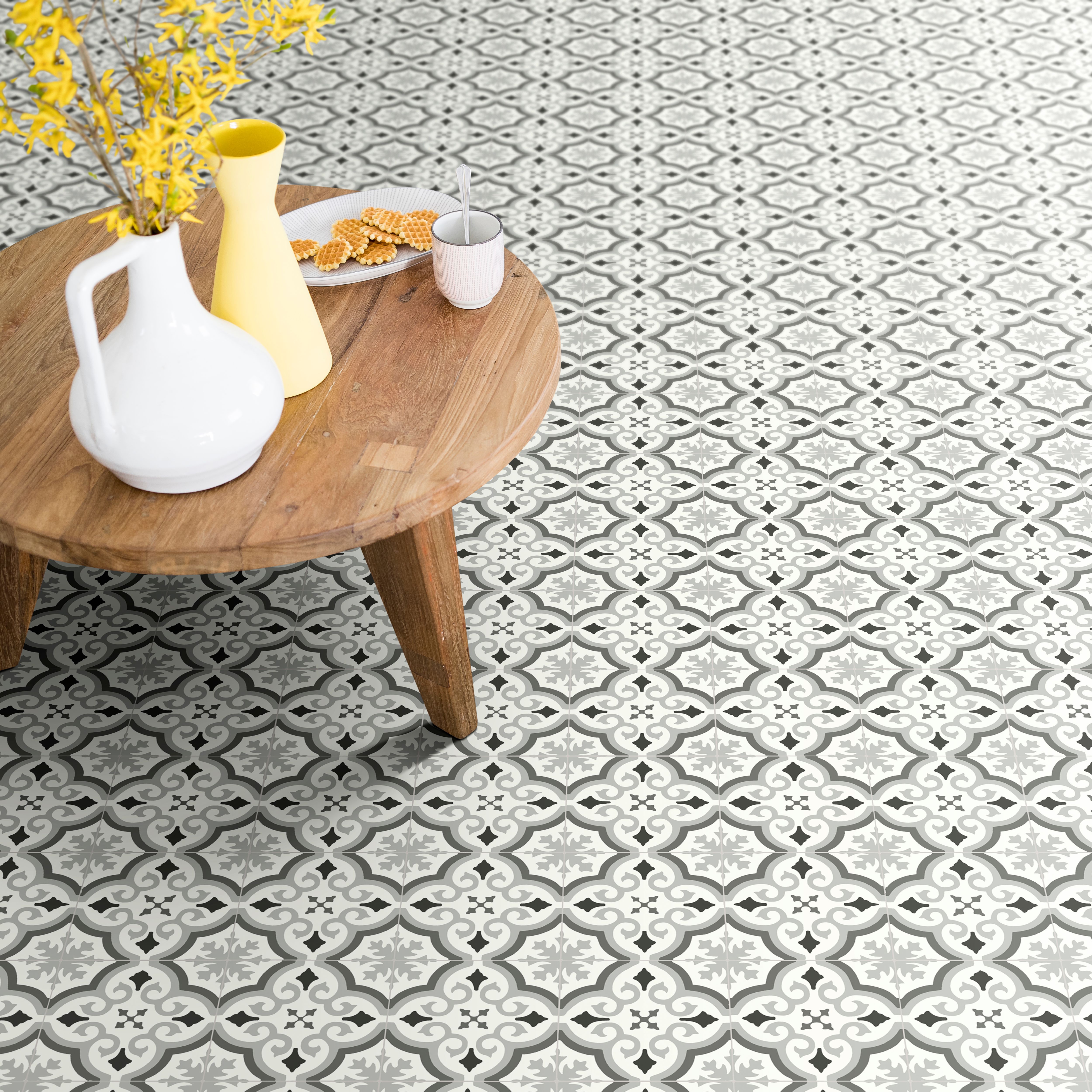 Precut Grey & white Contemporary Patterned Tile effect Sheet vinyl, 6m²