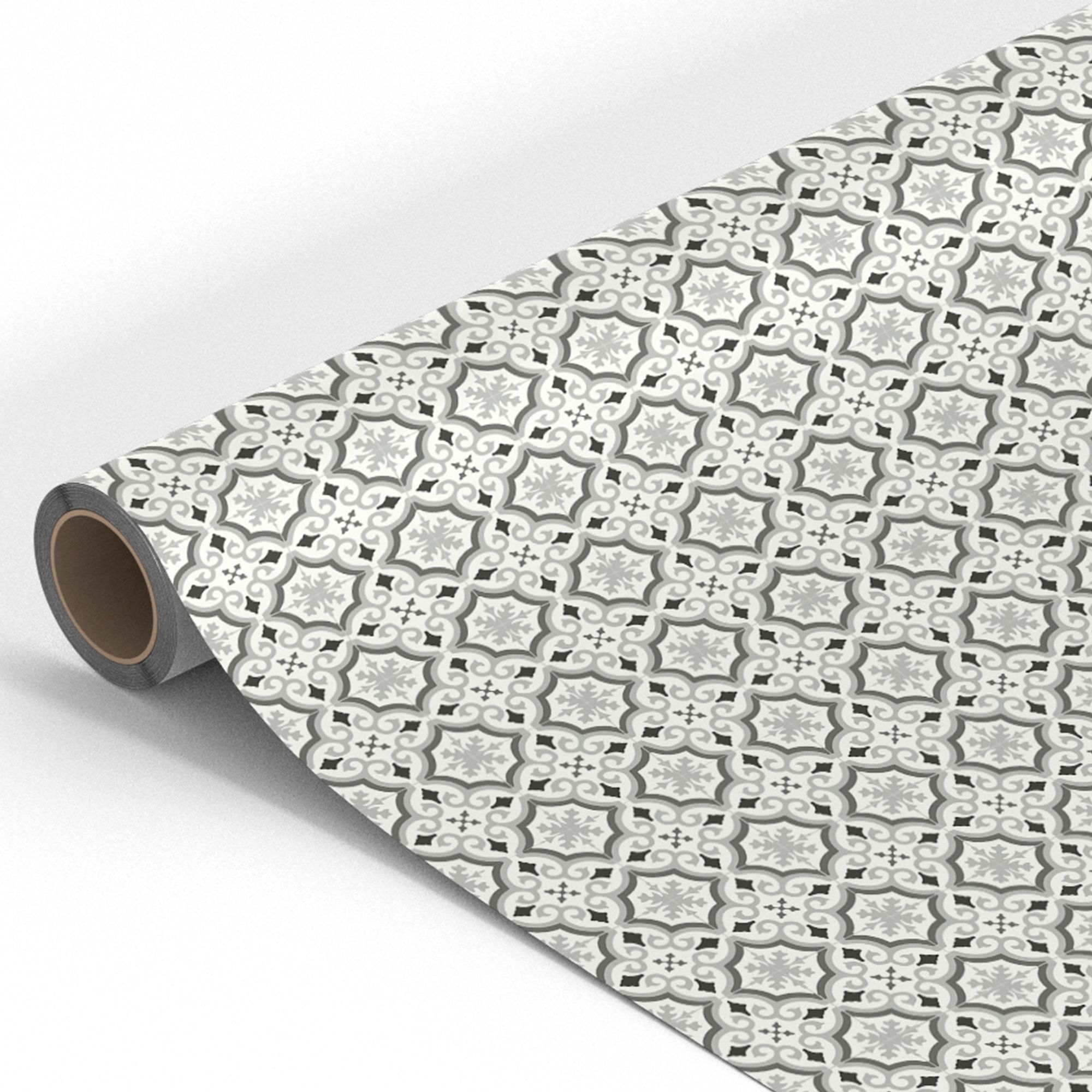 Precut Grey & white Contemporary Patterned Tile effect Sheet vinyl, 6m²