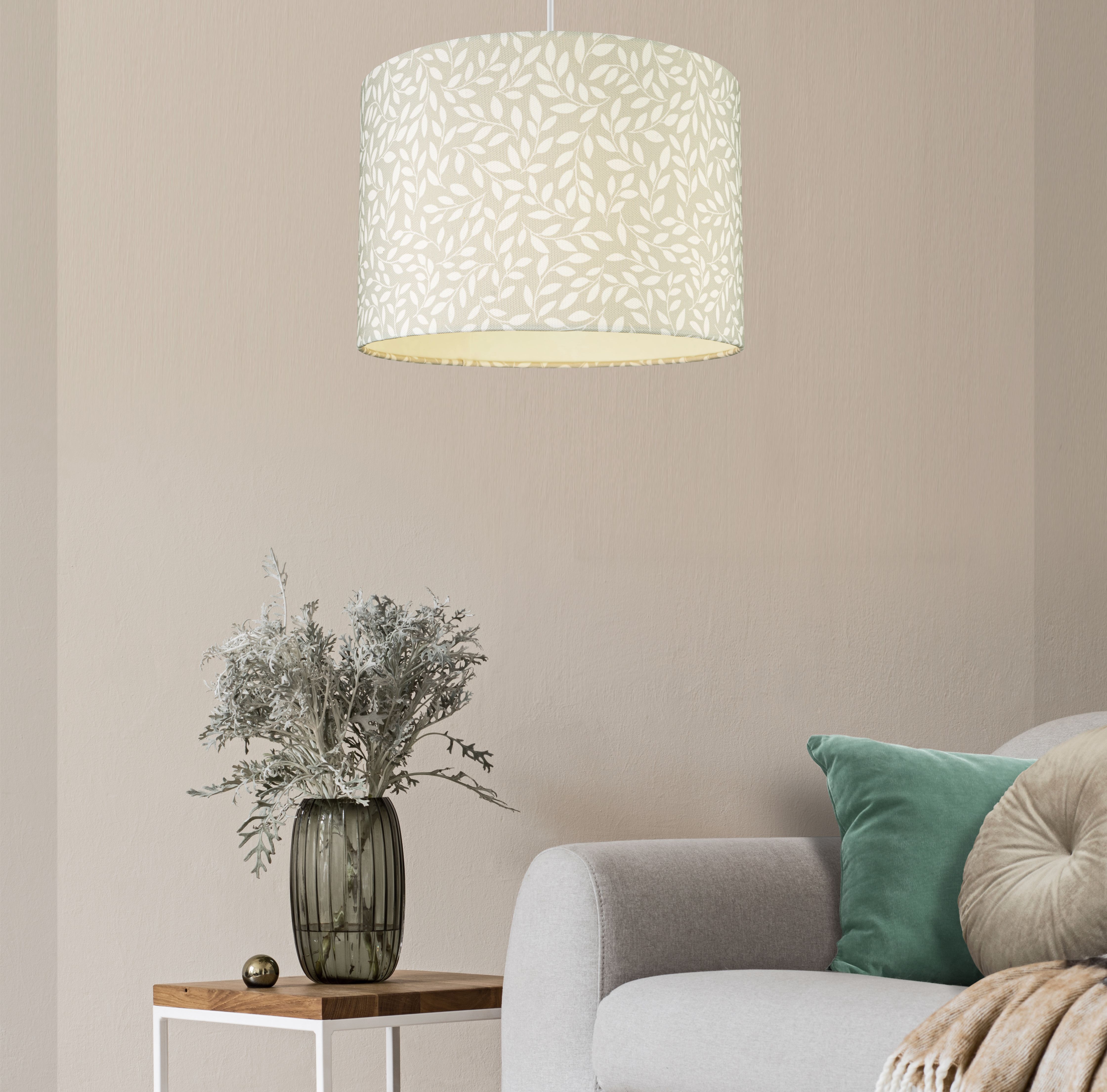Printed Grey & White Leaves Drum Lamp shade (D)30cm