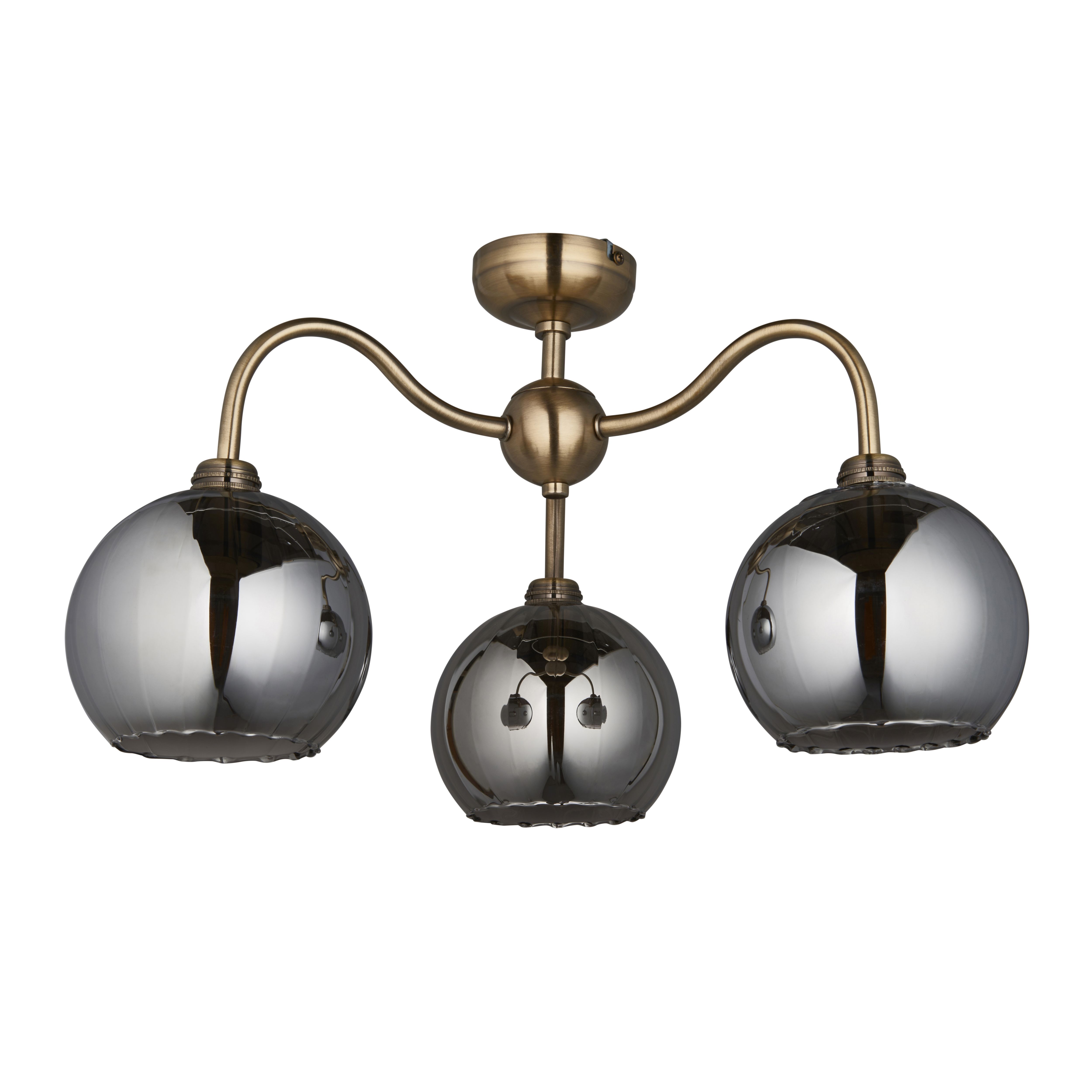 Priva Ribbed Glass & steel Antique brass & smoked glass effect 3 Lamp Ceiling light
