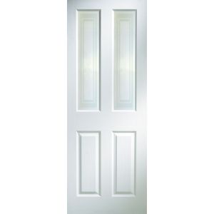 Image of 4 panel Etched Frosted Glazed Primed White Woodgrain effect Internal Door (H)1981mm (W)762mm