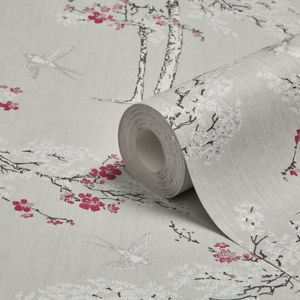 Image of Colours Grey & purple Blossoming birds & foliage Textured Wallpaper