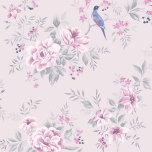Image of Colours Liora Purple Birds on floral trail Glitter effect Embossed Wallpaper