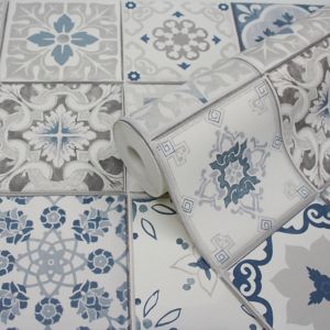 Image of GoodHome Laleu Blue & white Tile effect Textured Wallpaper
