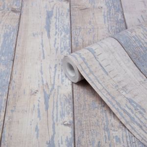 Image of GoodHome Bucy Brown & light blue Wood effect Smooth Wallpaper