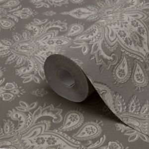 Image of GoodHome Abeli Brown Russian damask Metallic effect Textured Wallpaper