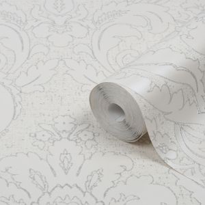 Image of GoodHome Gavre White Damask Silver glitter effect Textured Wallpaper