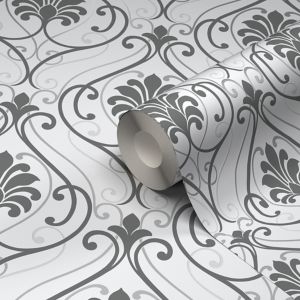 Image of Blain Grey & white Damask Textured Wallpaper