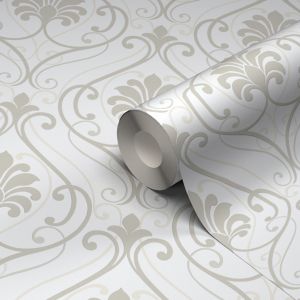 Image of Blain Taupe & white Damask Textured Wallpaper