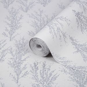 Image of GoodHome Jatoba White Tree Silver glitter effect Textured Wallpaper