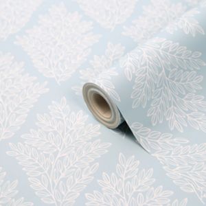 Image of Acinos Blue & white Leaves Smooth Wallpaper