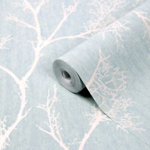 Image of GoodHome Drave Blue & white Tree Glitter effect Textured Wallpaper