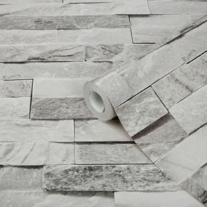 Image of GoodHome Jori Grey & white Brick Textured Wallpaper